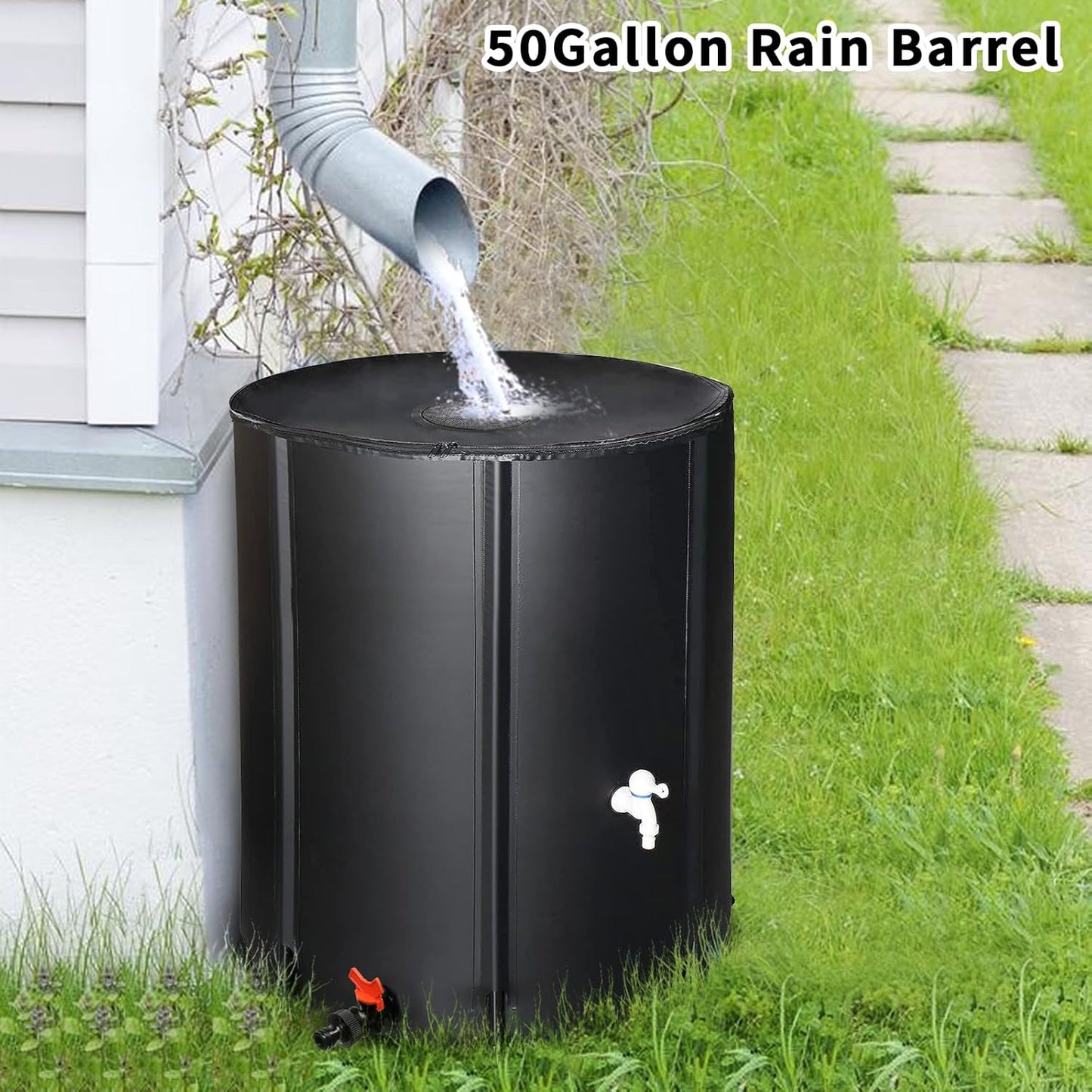 50 Gallon Collapsible Rain Barrel, Water Storage Tank, Portable Rainwater Collection System, Rain Catcher Barrel with Two Spigots and Overflow Kit, Rain Water Barrel Collector for Garden, Black