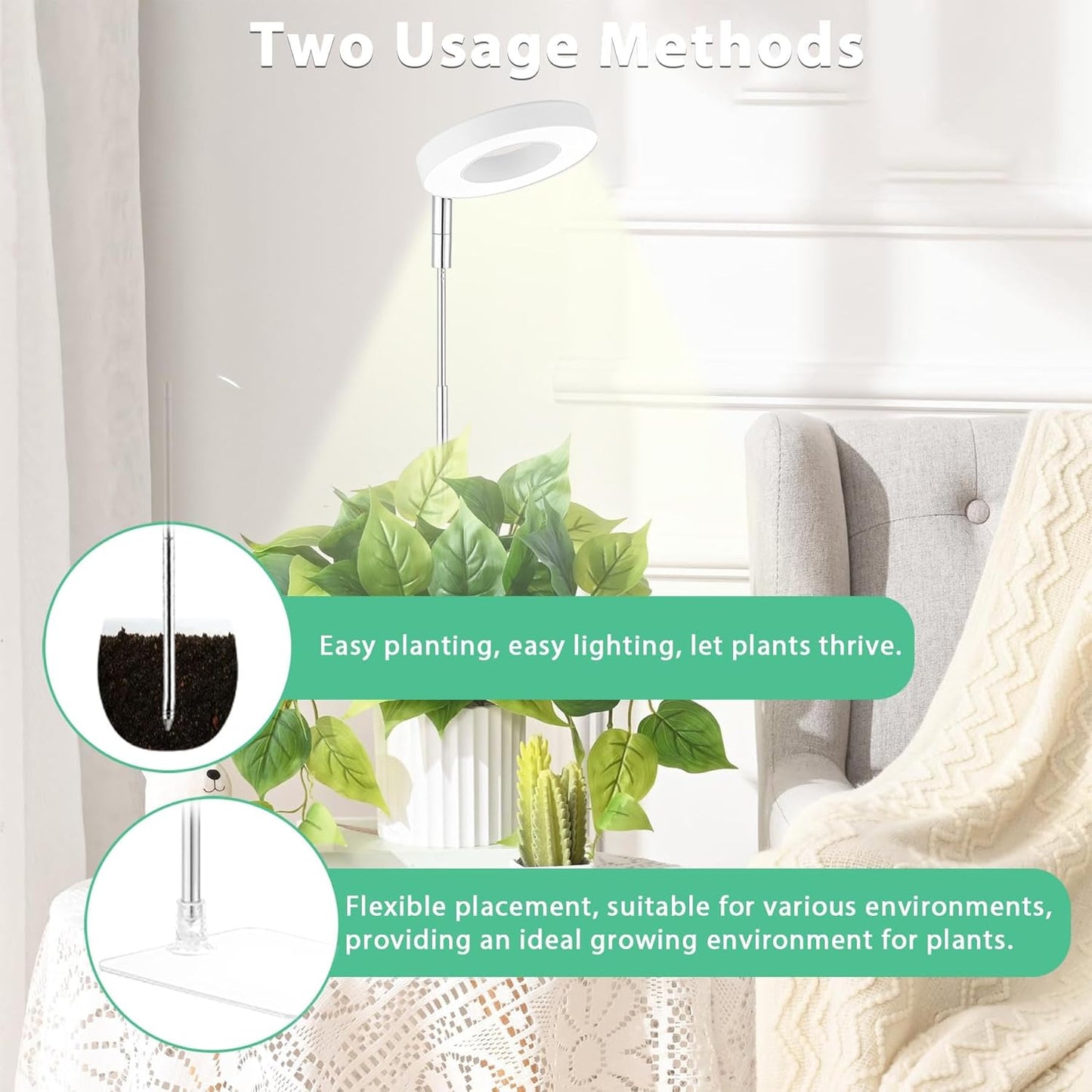 yadoker Halo Plant Grow Light, LED Growing Light Full Spectrum for Indoor Plants,Height Adjustable, Automatic Timer, 5V Low Safe Voltage,Idea for Small Plants