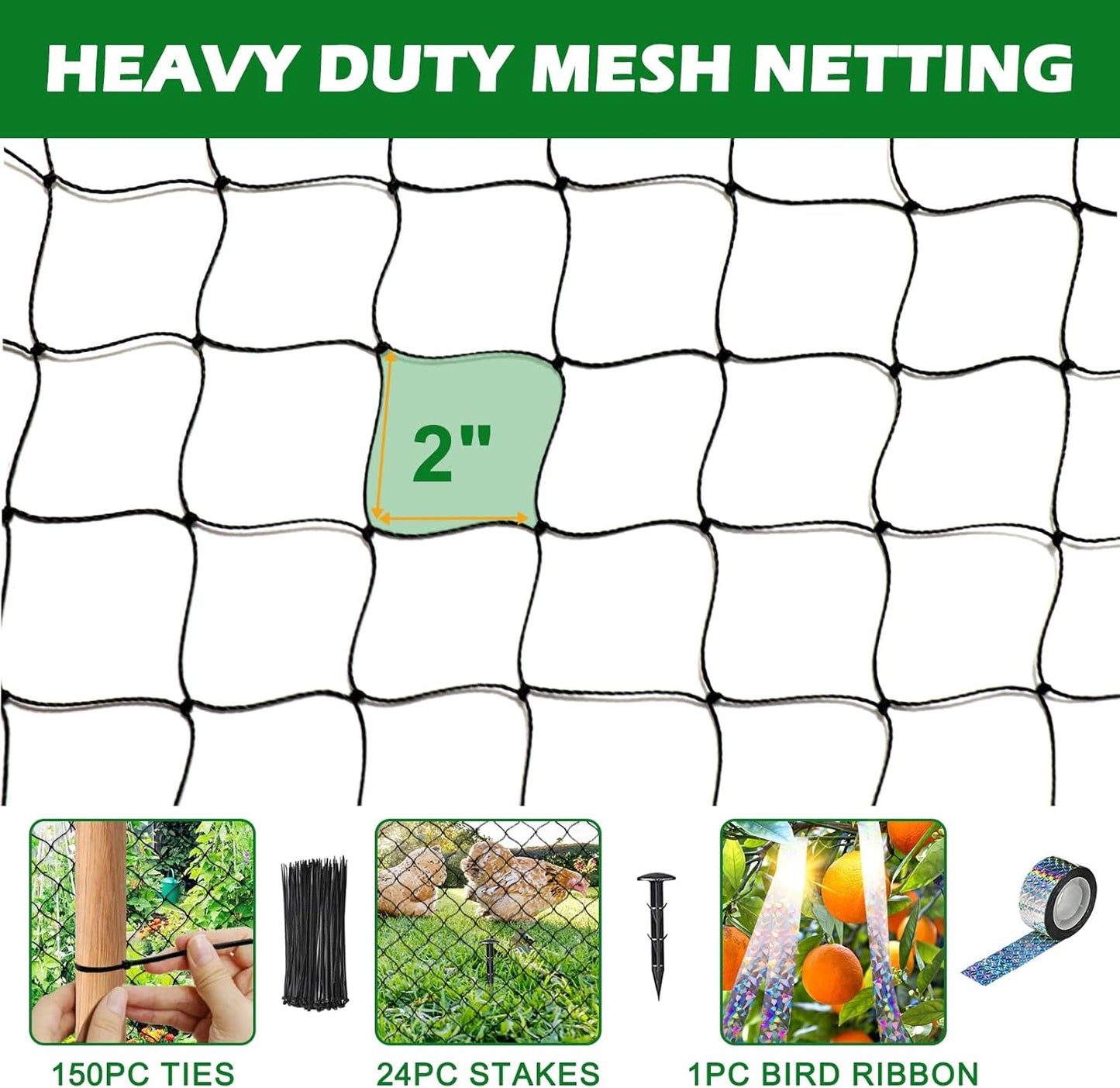 Chicken Netting Roof Hawk 100'x100' with 2" Mesh, Heavy Duty Bird Nettings for Garden with Birds Scare Tape, Nylon Bird Netting for Chicken Coop, Avian Nettings Deer Fence Fruit Tree Net