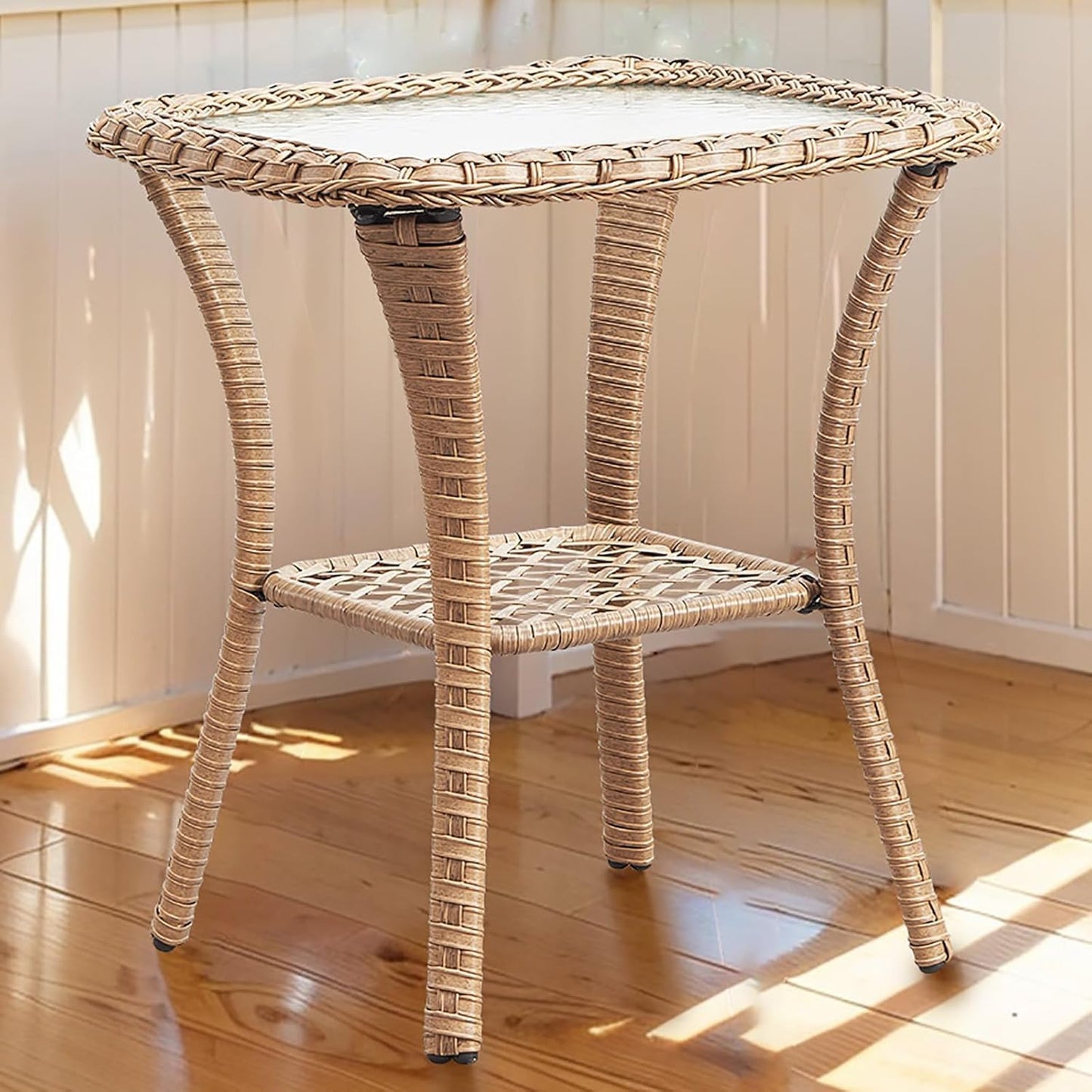 Outdoor Side Tables for Patio, Wicker/Rattan End Tables, Outdoor Wicker Side Table, Yellow Rattan Glass Top Patio Side Table