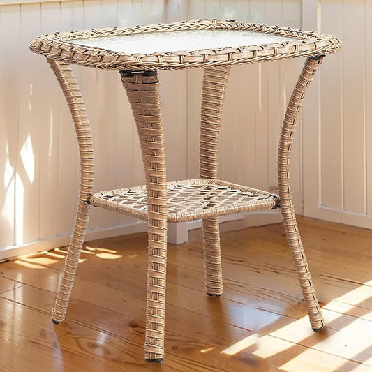 Outdoor Side Tables for Patio, Wicker/Rattan End Tables, Outdoor Wicker Side Table, Yellow Rattan Glass Top Patio Side Table