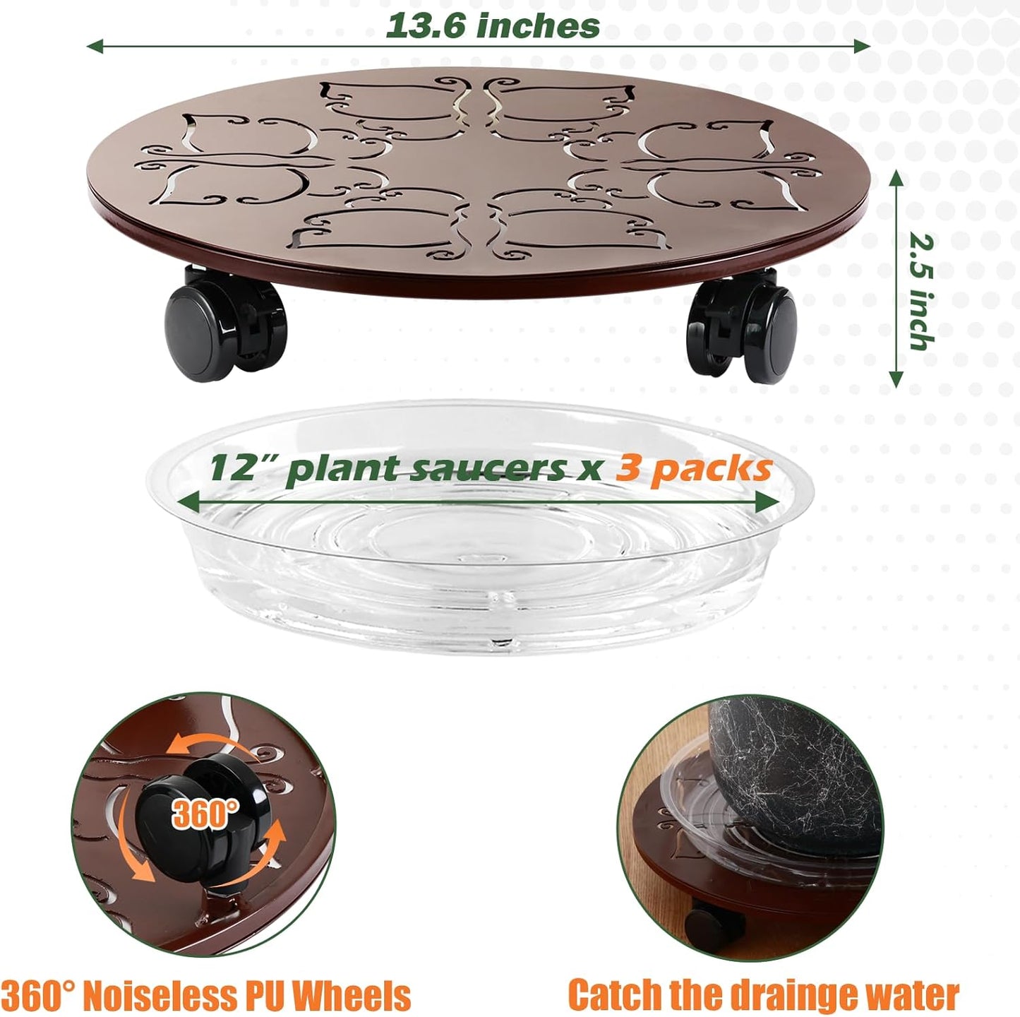 3 Packs 13.6 inches Large Metal Plant Caddy with Wheels Round Planter Dolly Pot Mover Rollers Wrought Iron Rolling Plant Stands Indoor Outdoor Wheeled Plant Holder Coaster Trolley, Butterfly, Brown