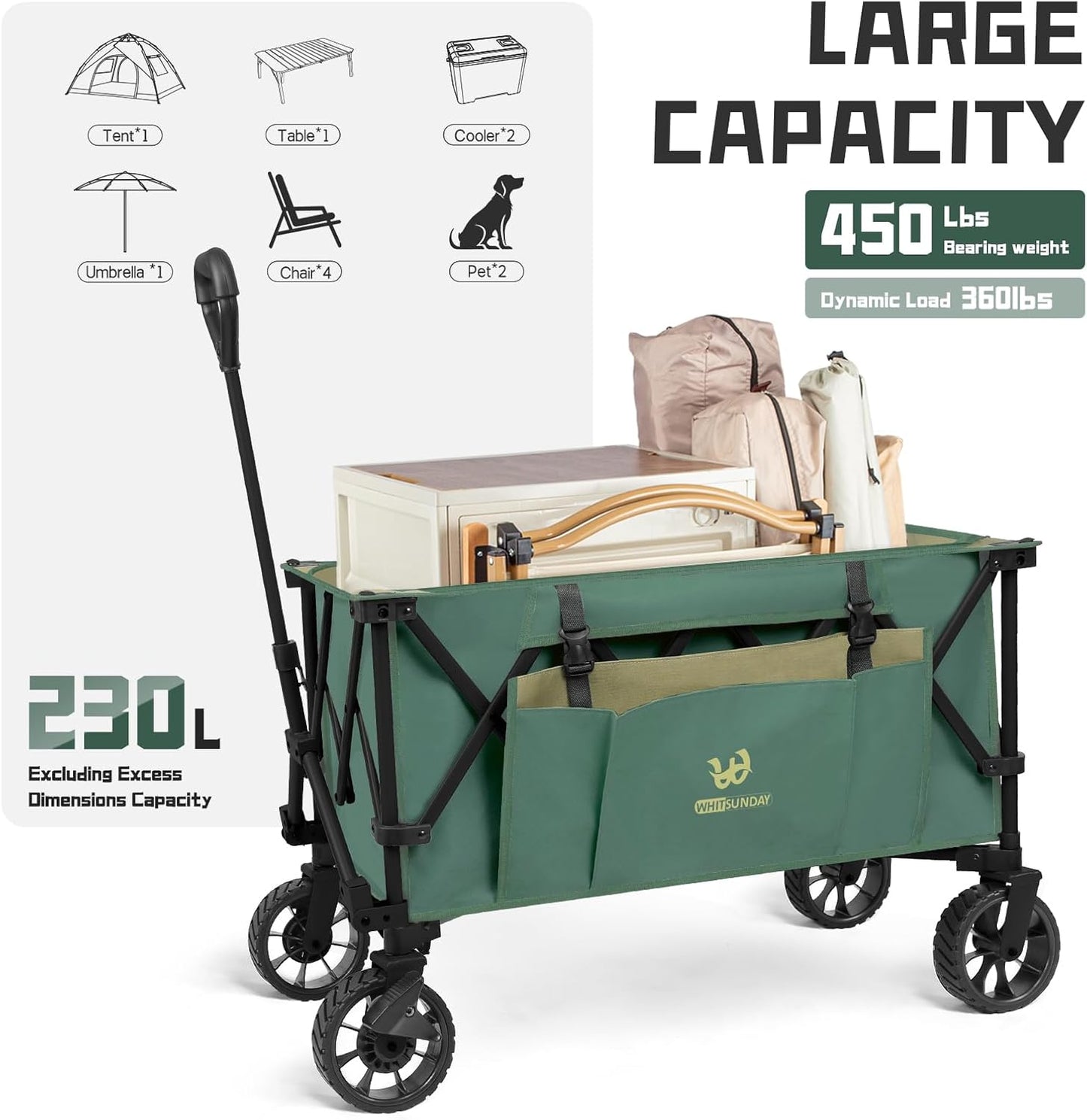 Whitsunday Folding Collapsible Utility Wagon, 400Lbs Heavy Duty Outdoor Park Beach Wagon with Table and Side Pocket for Garden Camping Sports Shopping Green