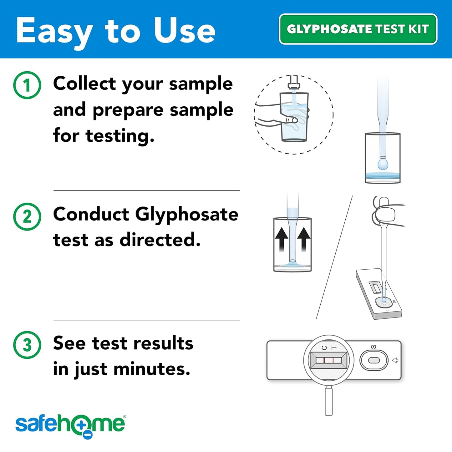 Safe Home DIY Glyphosate Test Kit - Detect Toxic Herbicide in Water, Soil, Fruits, Vegetables, and More - 5 Minute Test to 200 PPB - (1 Pack)