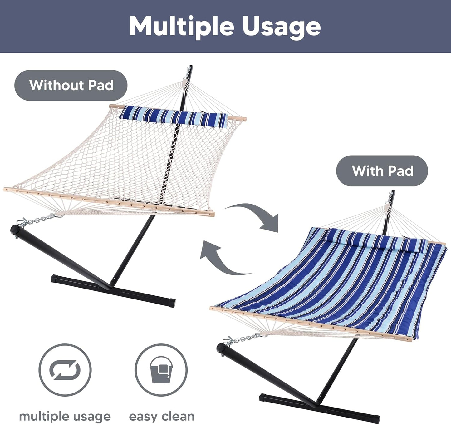 SUNCREAT Double Hammock with Stand, Two Person Cotton Rope Hammock, Blue Stripe