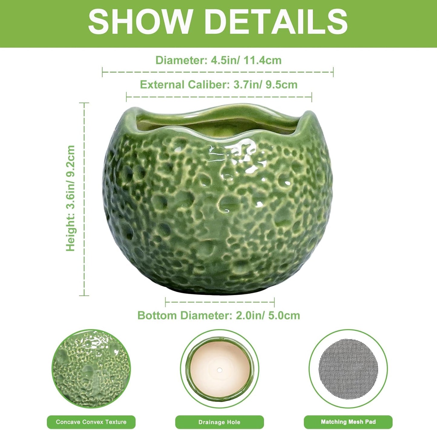 Ceramic Plant Pots - 4 inch Plant Pot with Drainage Hole, Small Pots for Plants Indoor Outdoor, Unique Round Planter, Modern Decorative Flower Pot, Room Decor, House Warming Gifts, Green