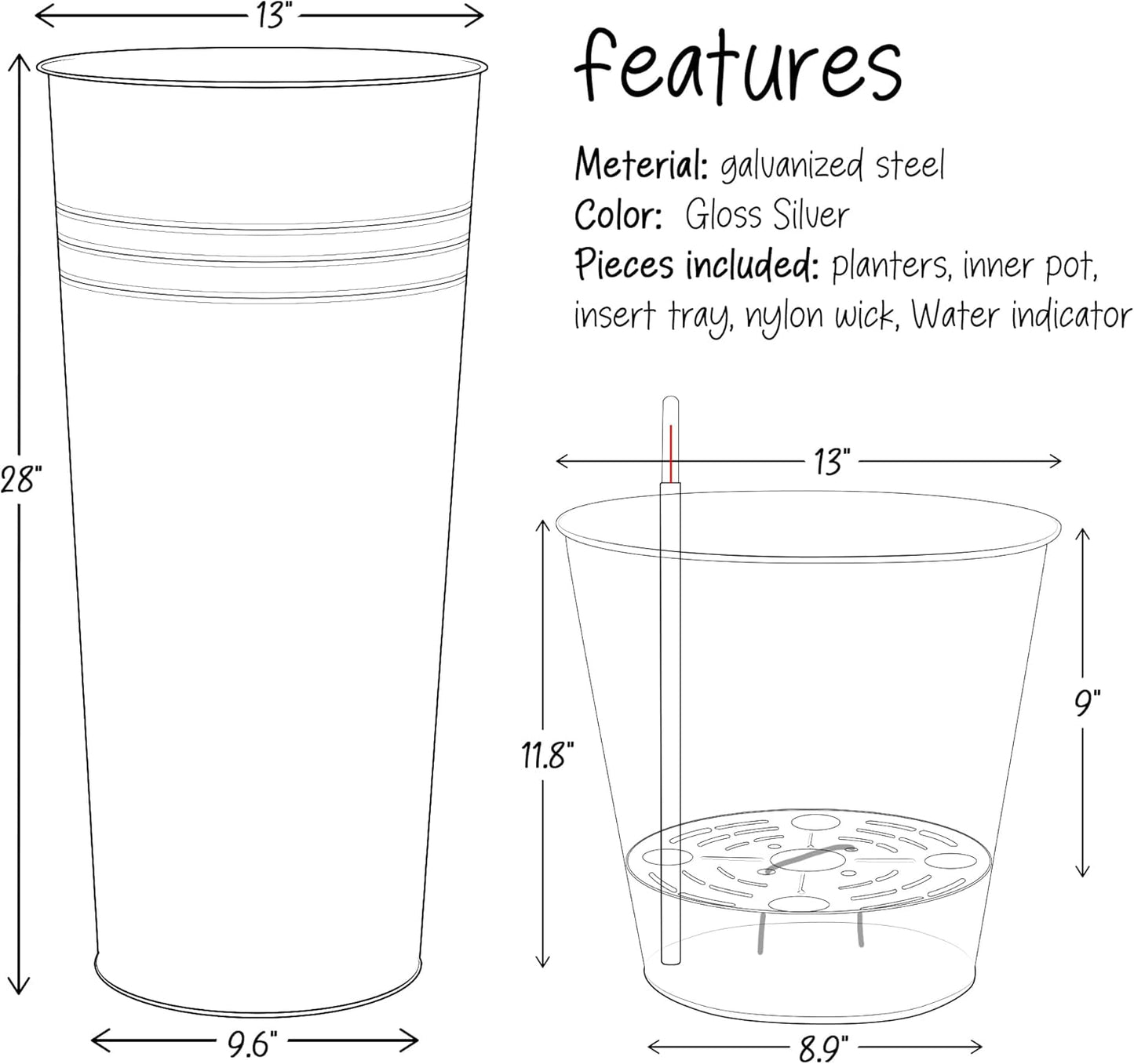 KOL 28'' Tall Galvanized Steel Planter Pot - Flower Pot with Water Level Indicator for Plants - 2-Pack Self Watering Planters - Round Silver Powder Metal Planter Box - Indoor Outdoor Grande Plant