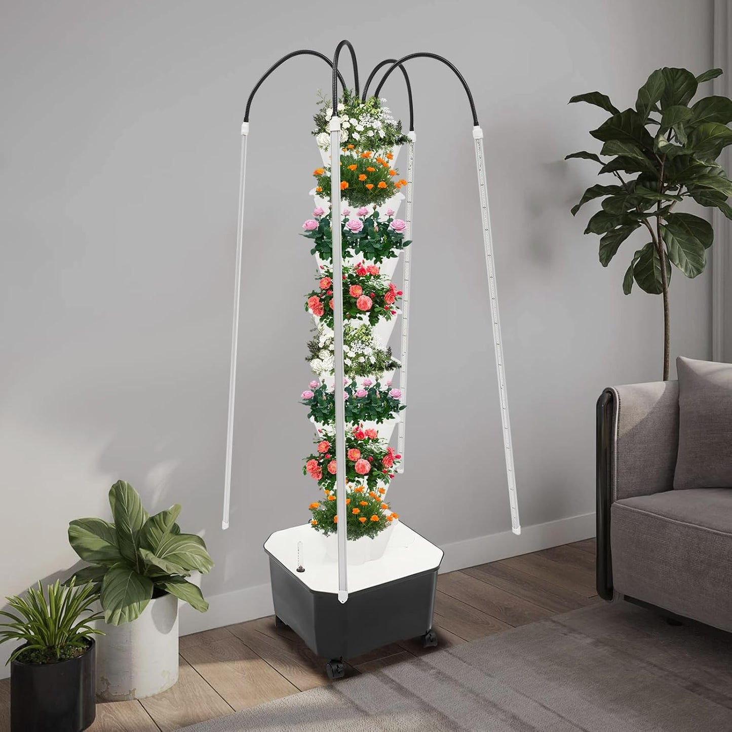 Hydroponics Growing Tower w/LED Light,8 Tiers 40-Hole Vertical Planter Tower,Smart Garden Growing System Kit for Fruits Vegetables Herbs (White)