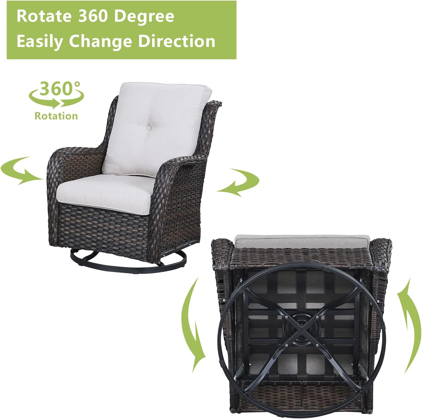 Outdoor Wicker Patio Furniture Set - 5 Piece Rattan Patio Conversation Set with 2 Rocking Swivel Chairs,2 Ottomans and 1 Sofa for Porch Deck Backyard Garden(Brown/Beige)