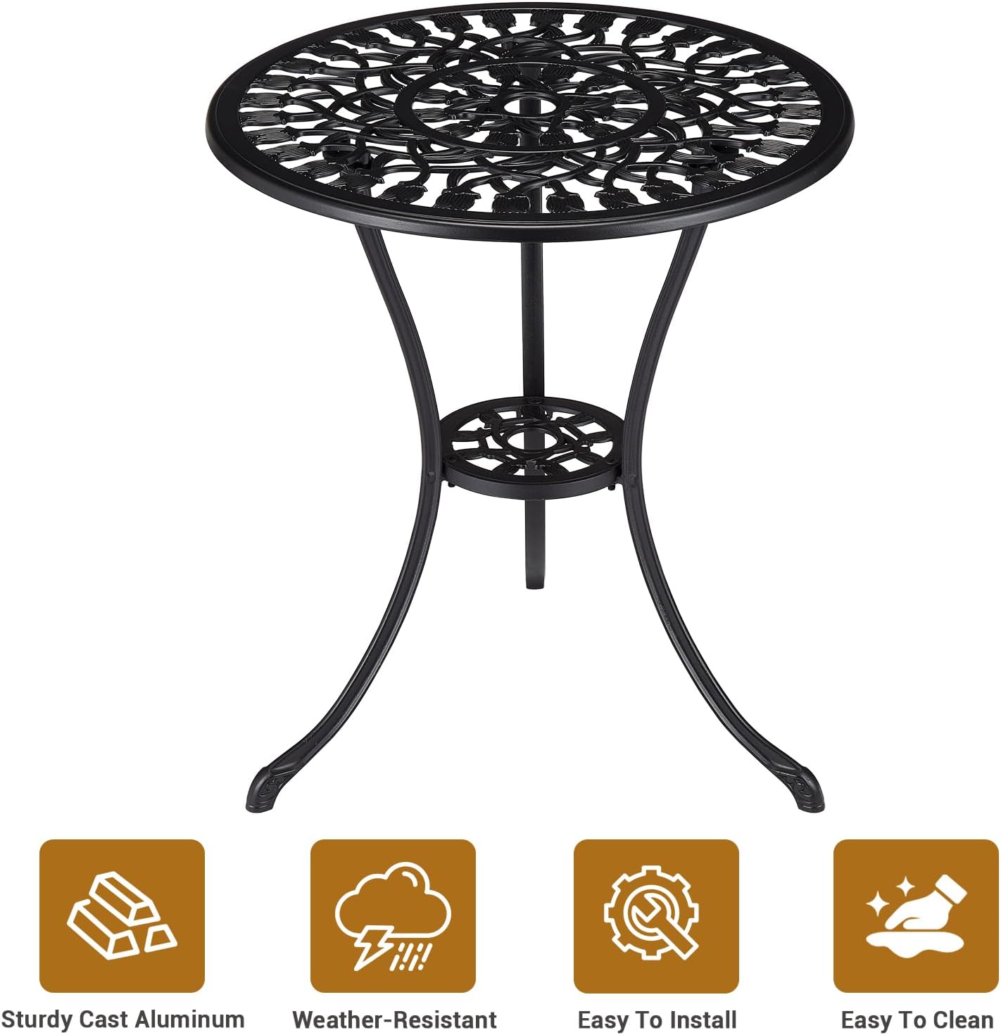 24" Outdoor Round Patio Bistro Table, Cast Aluminum Outdoor Cafe Table with 2 inch Umbrella Hole for Porch,Backyard,Garden, Tulip Pattern, Black
