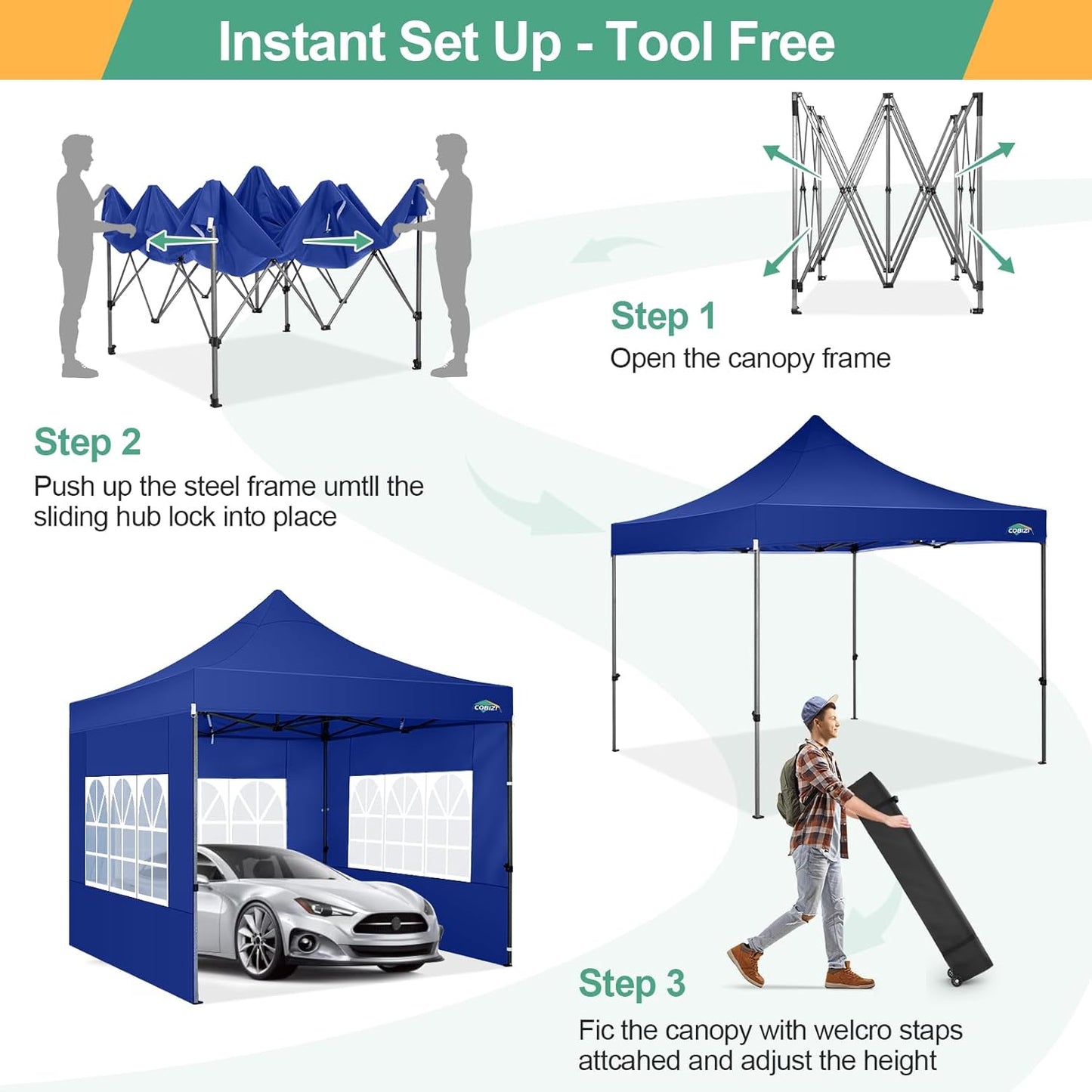 COBIZI 10x10 Ez Pop Up Canopy Tent with 4 sidewalls Heavy Duty Canopy UPF 50+, 100% Waterproof Outdoor Canopy Wedding Tents for Parties Instant Portable Gazebo with Roller Bag, Navy Blue