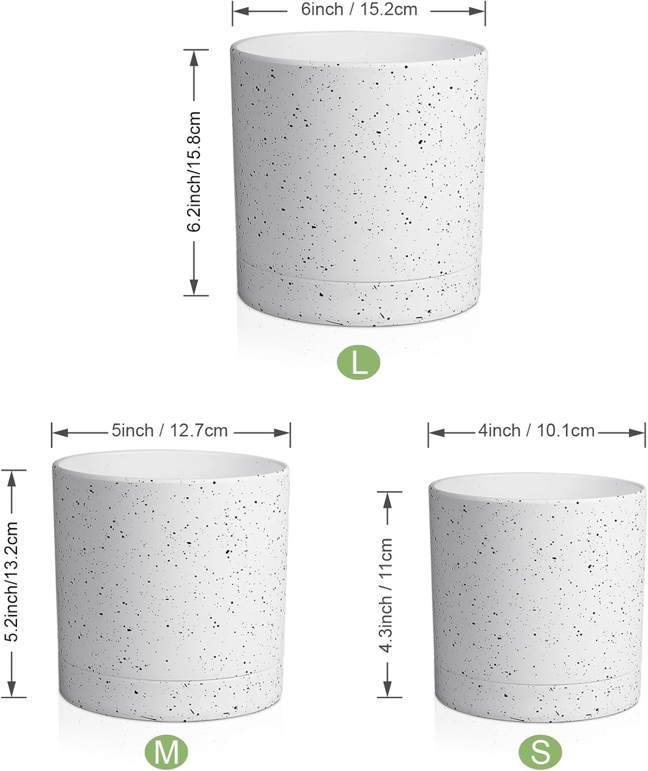 6/5/4 inch Plant Pots, 3 Pack Cylinder Flower Pots for Small Indoor Outdoor Plants, Plastic Planters with Drainage Holes and Saucers for Garden Succulent House Plants, Speckled White