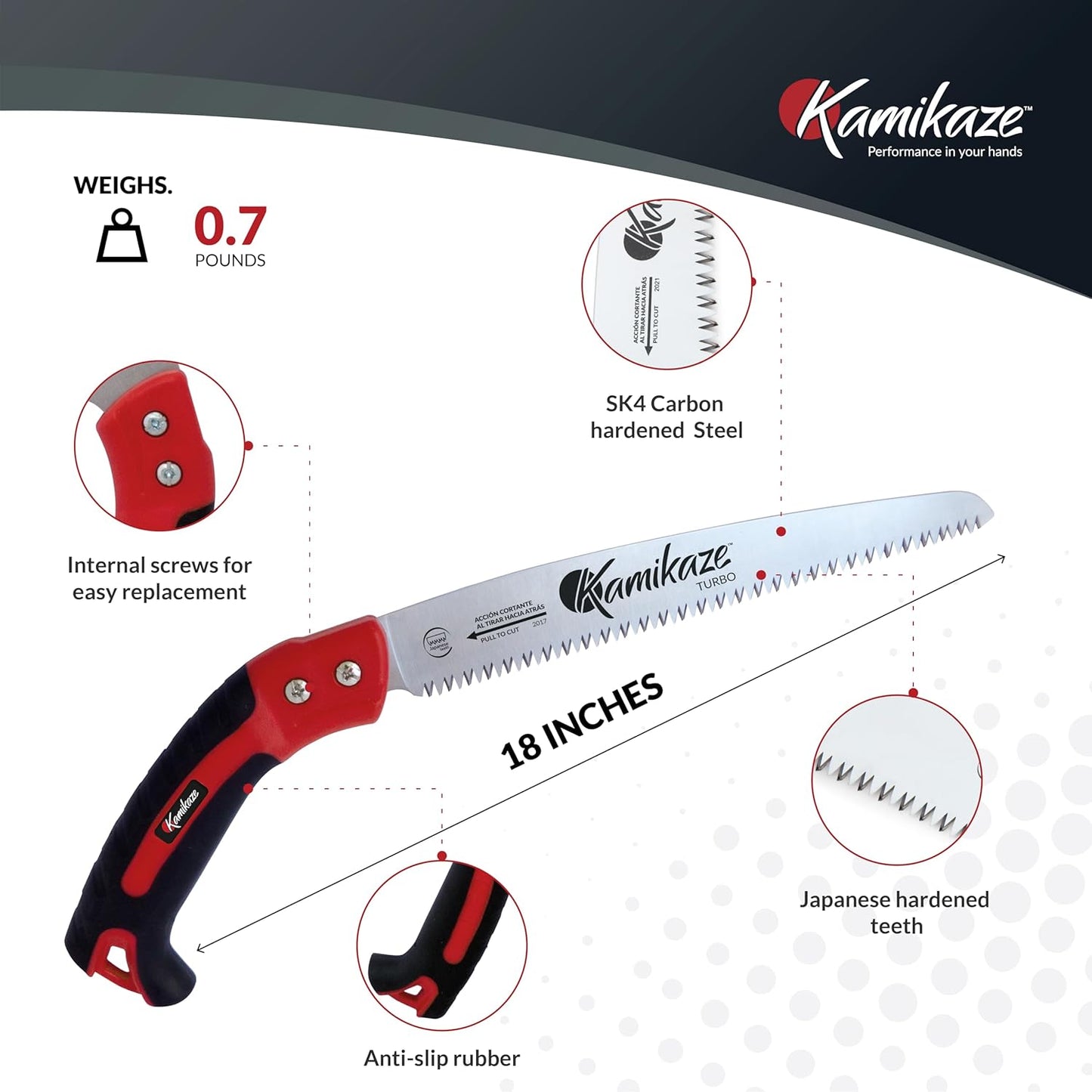 EZ Kut Kamikaze Straight Blade Pruning Saw – 18" Heavy Duty SK5 Carbon Steel – Japanese Pull-Cut Technology – Ergonomic Anti-Fatigue Grip – Tree Trimming Hand Saw with Scabbard