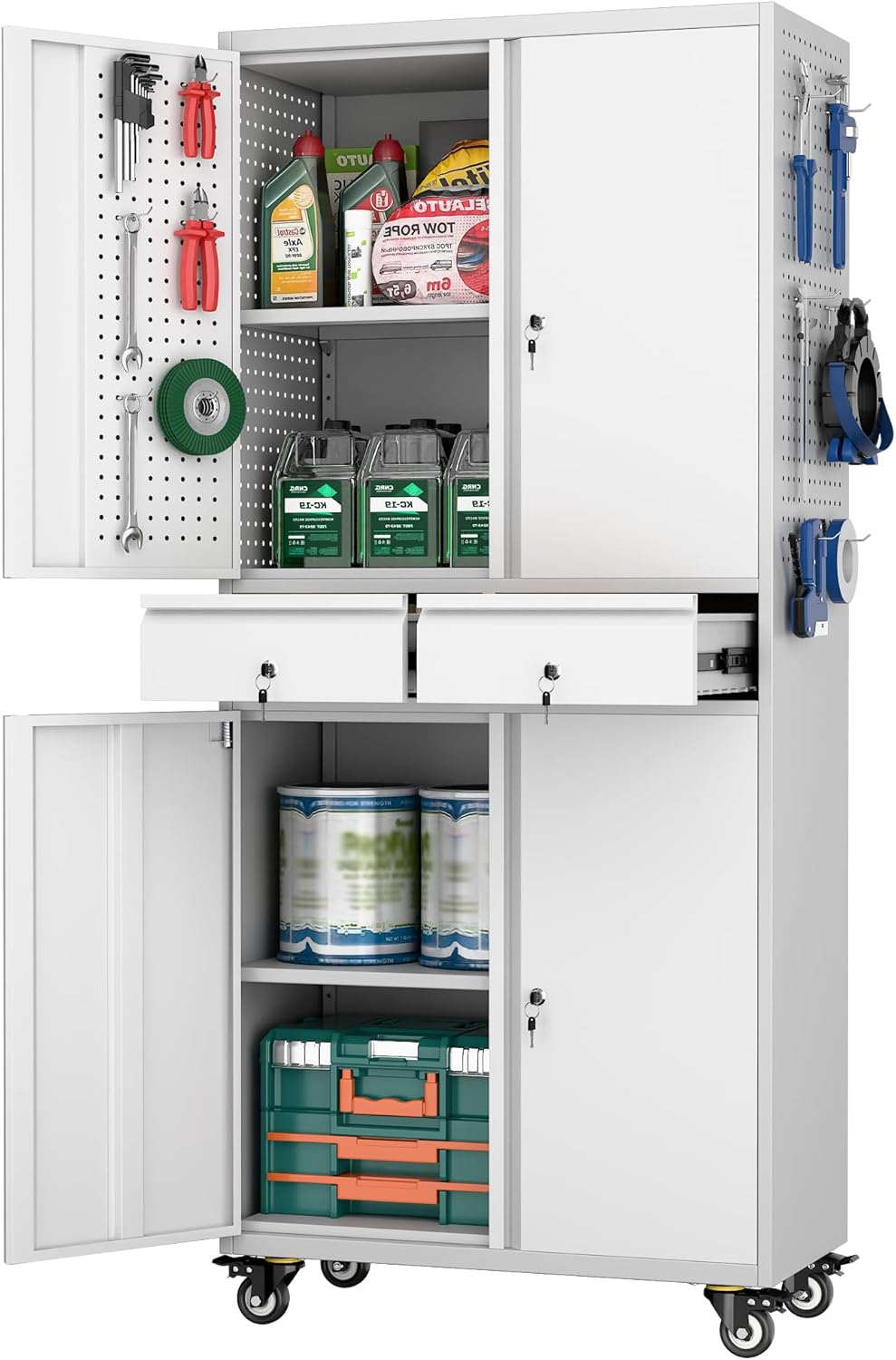 Garage Storage Cabinet with Wheels, Metal Storage Cabinet with 2 Drawers and 2 Adjustable Shelves, Metal Lockers with Pegboards for Homes, Offices, Kitchens, and Pantries, Gray and White