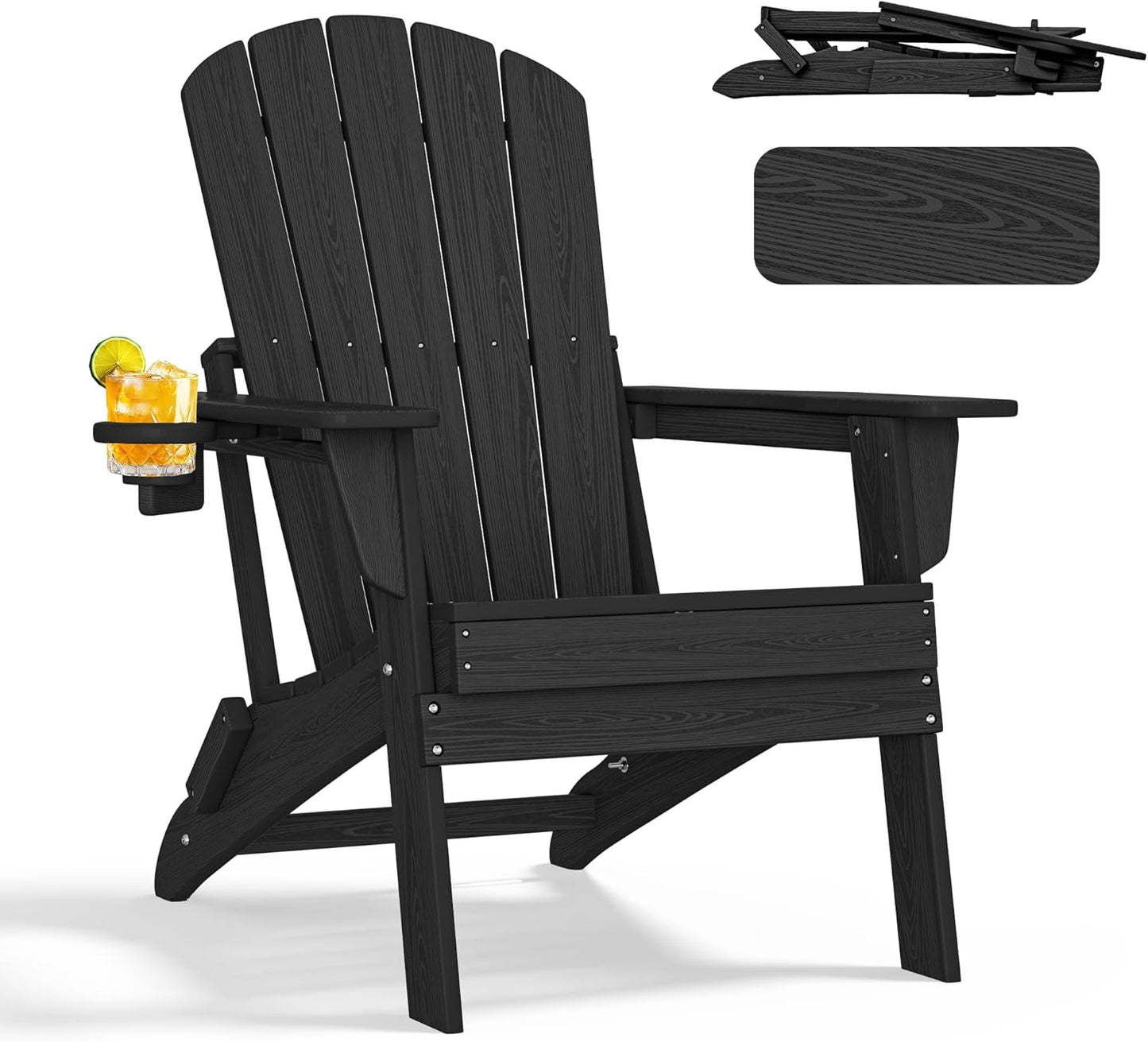 Folding Adirondack Chair, Ergonomic Extended Backrest, HDPE All-Weather, 400lbs Capacity, Maintenance-Free, Cup Holder, （Black）- Outdoor Patio & Firepit Chair