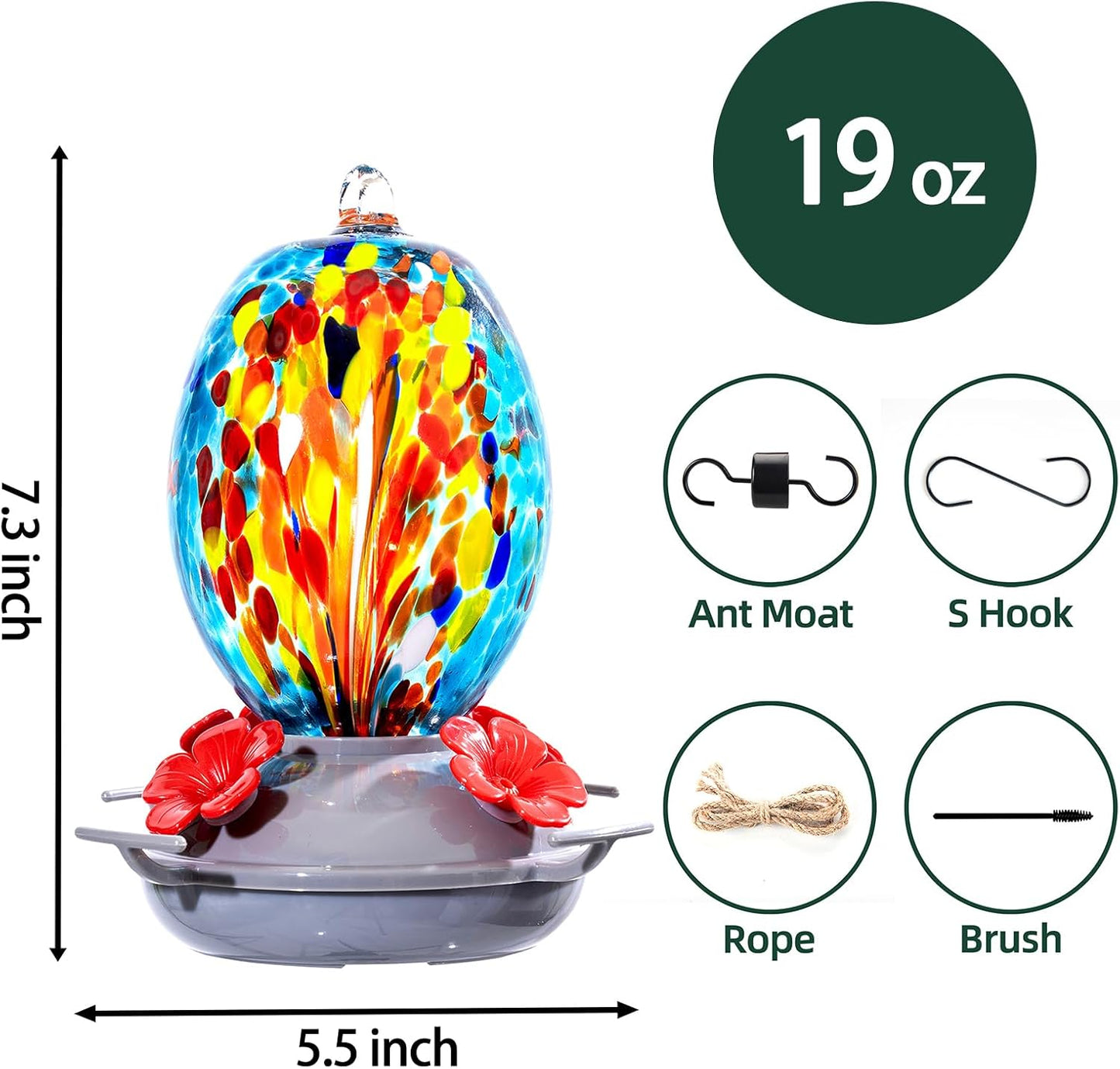 Muse Garden Hand Blown Glass Hummingbird Feeder - 19OZ Plastic Base Humming Bird Feeders for Outdoors Hanging, Garden Decor Gifts for Bird Lovers, Blue Fireworks