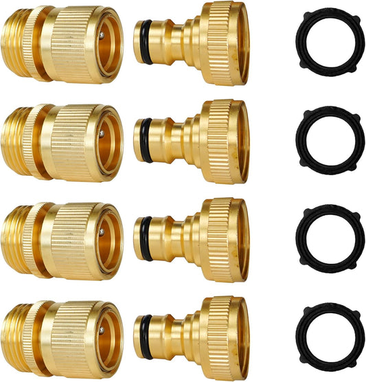Hourleey Garden Hose Quick Connect, 4 Set Solid Brass 3/4 Inch GHT Thread Garden Hose Quick Connect Fittings, No-Leak Male and Female Water Hose Quick Release Connectors