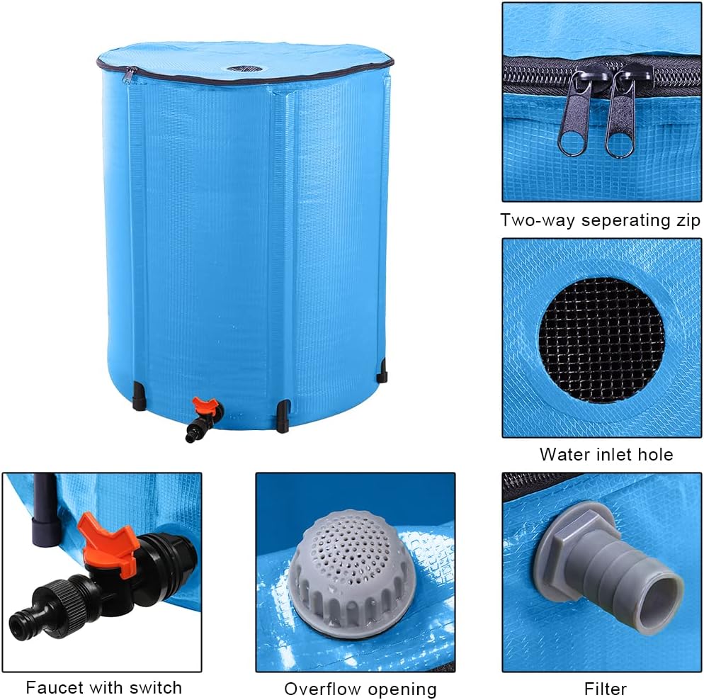 50 Gallon Collapsible Rain Barrel, Portable Rainwater Collection System, Water Storage Tank, Rain Catcher Barrel with Spigots and Overflow Kit, Rain Water Barrel Collector for Garden, Blue
