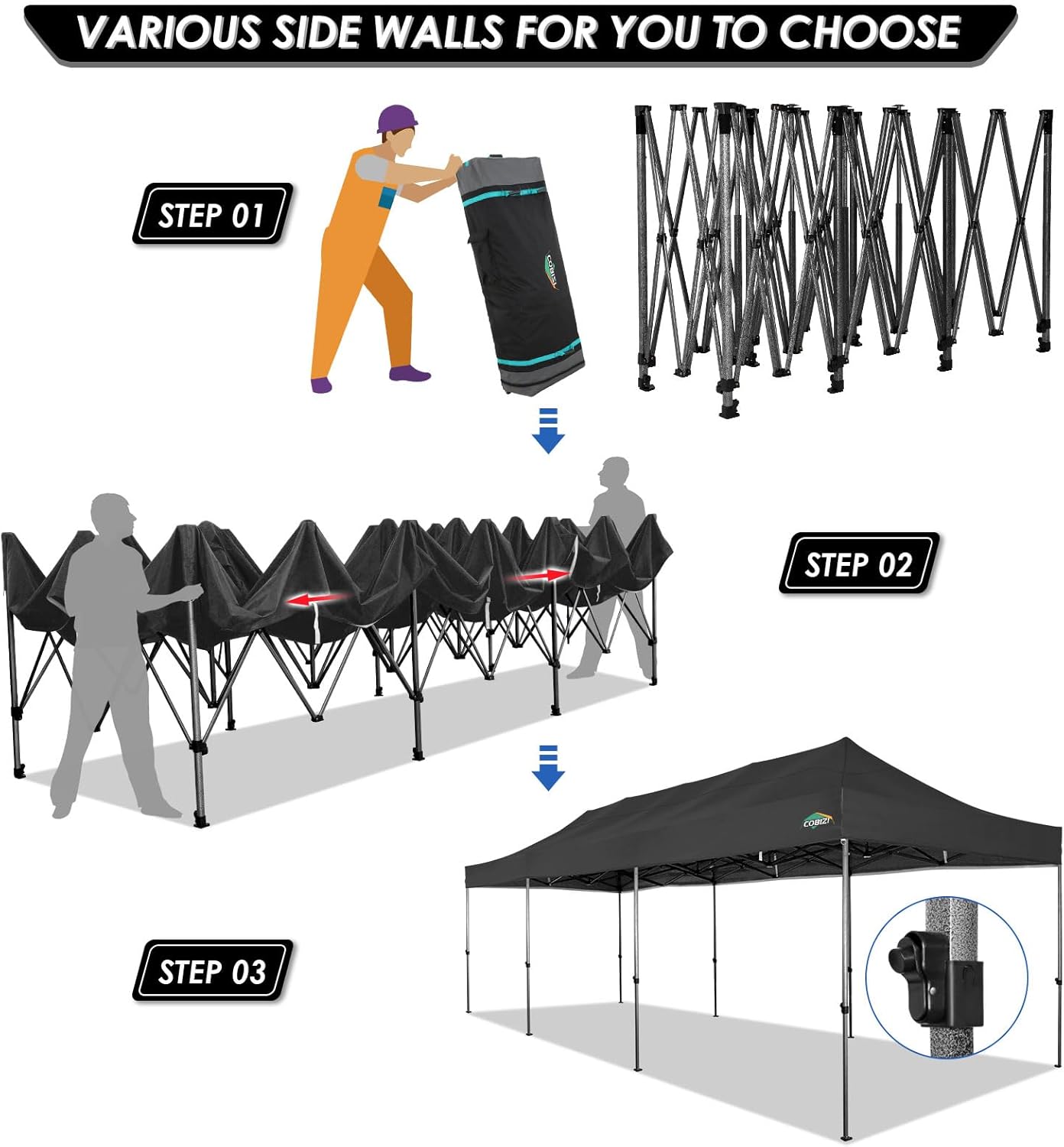 COBIZI 10x30 Pop up Canopy Tent 10x30 Canopy with Sidewalls, Heavy Duty Party Tent Tents for Parties, Foldable UPF 50+ Waterproof Commercial Easy up Canopy with Roller Bag, Black(Windproof Upgraded)