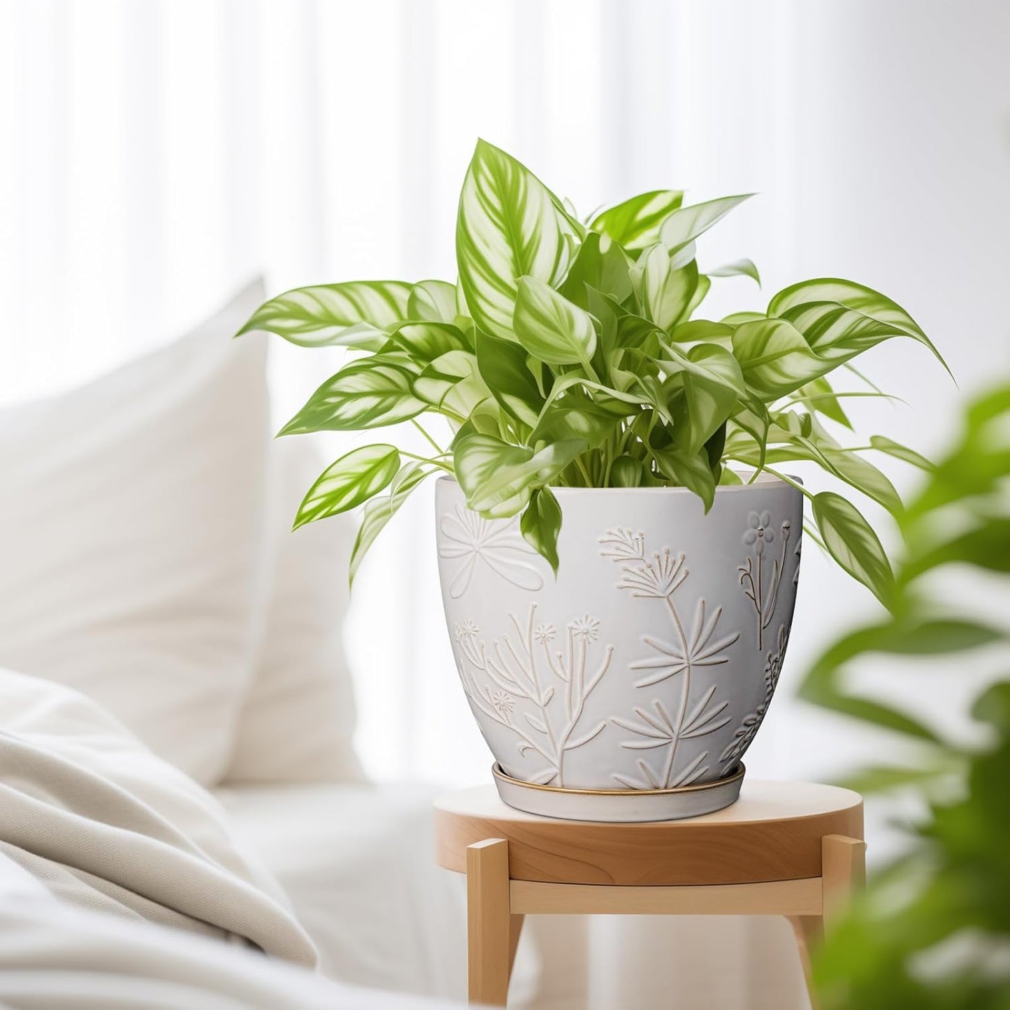 8 Inch Ceramic Pots for Plants Large Planter Pot with Drainage Hole and Saucer Round Flower Pot for Indoor Outdoor Decor, White