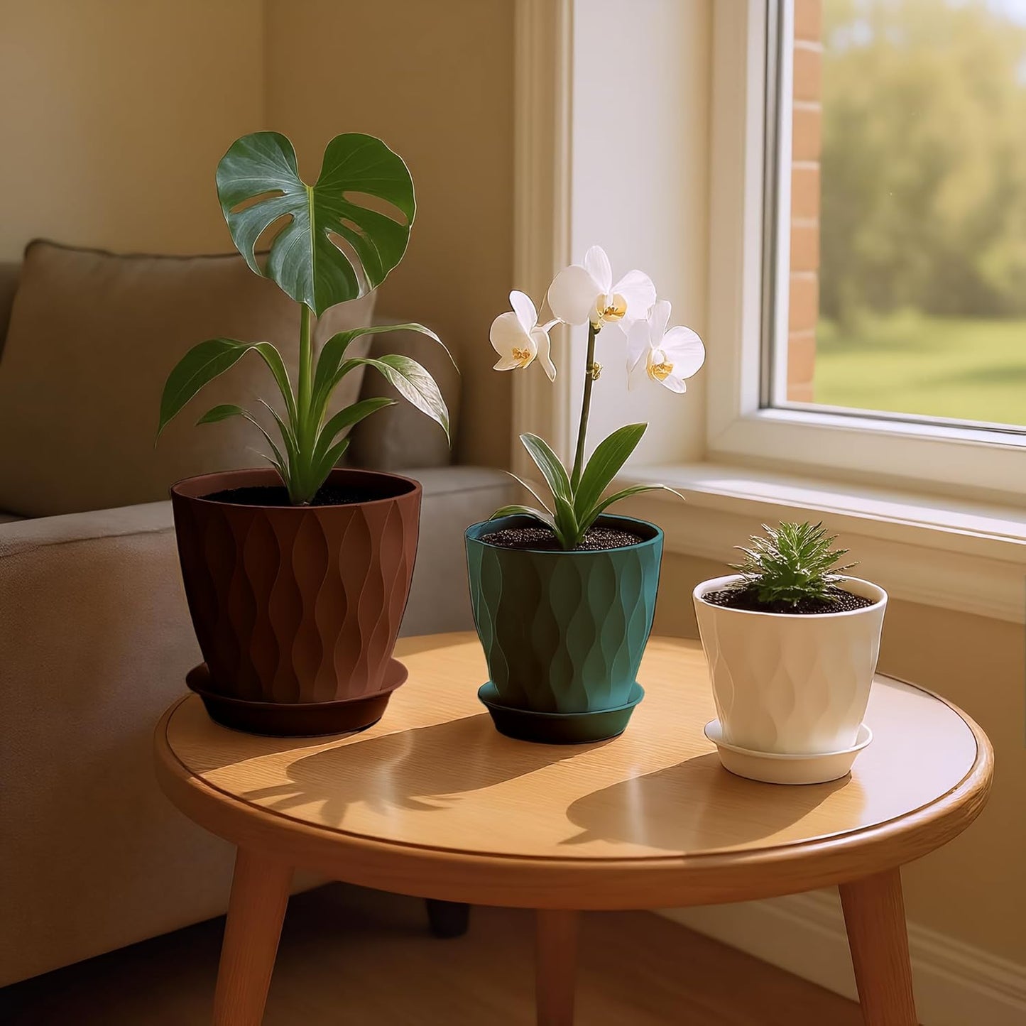 Plastic Plant Pots with Drainage Holes and Saucers, 8/7/6/5/4 Inches Garden Plant Flower Pots for Indoor Planter, 5 Pack Nursery Planting Pot for Indoor & Outdoor House Plants (Multicolor, 8/7/6/5/4)