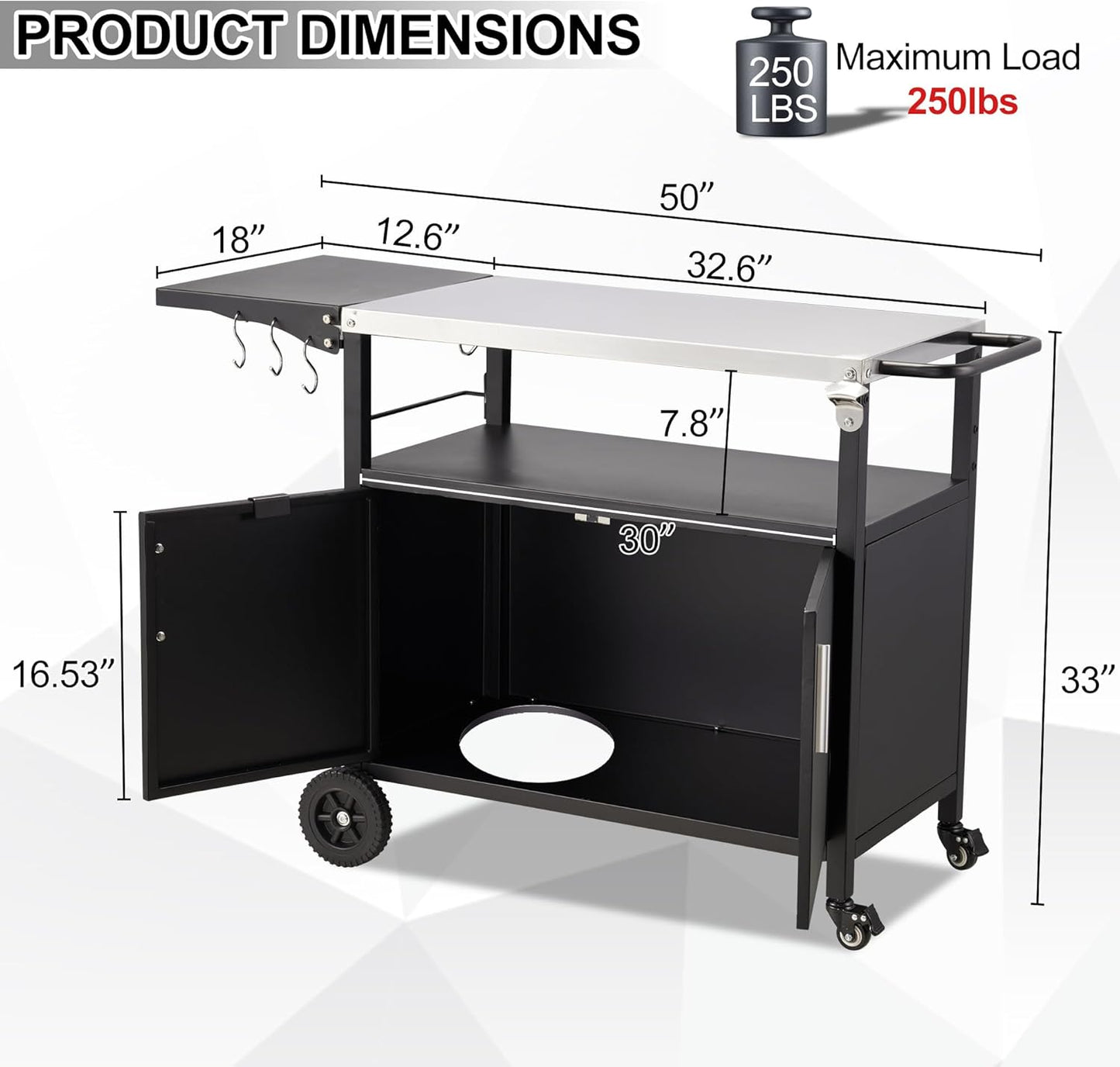 Spurgehom Outdoor Grill Cart, Pizza Oven Stand Table with Stainless Steel Top Movable Kitchen Cooking Prep Table BBQ Cart Kitchen Prep