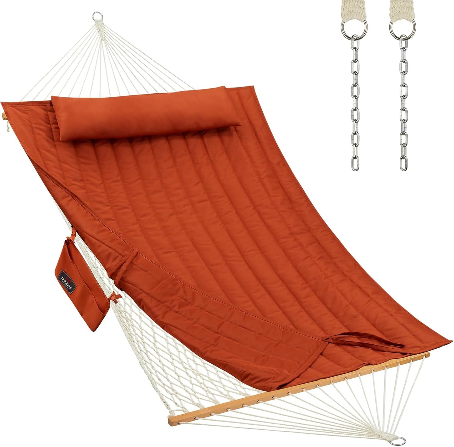 Outdoor Double Hammock with Hardwood Spreader Bars, Large Rope Hammock with Polyester Pad and Pillow, 475 LBS Capacity for 2 Person Patio Backyard Poolside - Terracotta