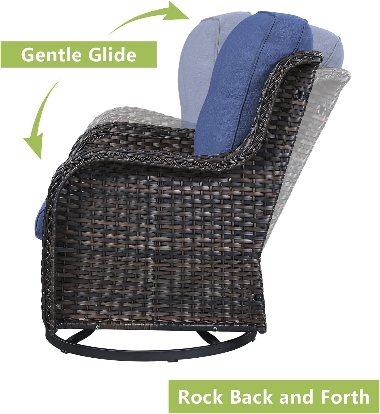 Outdoor Wicker Patio Furniture Set - 6 Piece Rattan Patio Conversation Set with 2 Rocking Swivel Chairs,2 Ottomans,1 Sofa and 1 Coffee Table for Porch Deck Backyard Garden(Brown/Blue)