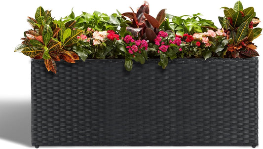LEWIS&WAYNE Large Rectangular Block Planter Box Handmade Wicker Tall Planters for Outdoor Plants with Removable Liners Modern Planter for Indoor Outdoor Patio Deck - Black, 36''x12''x16''
