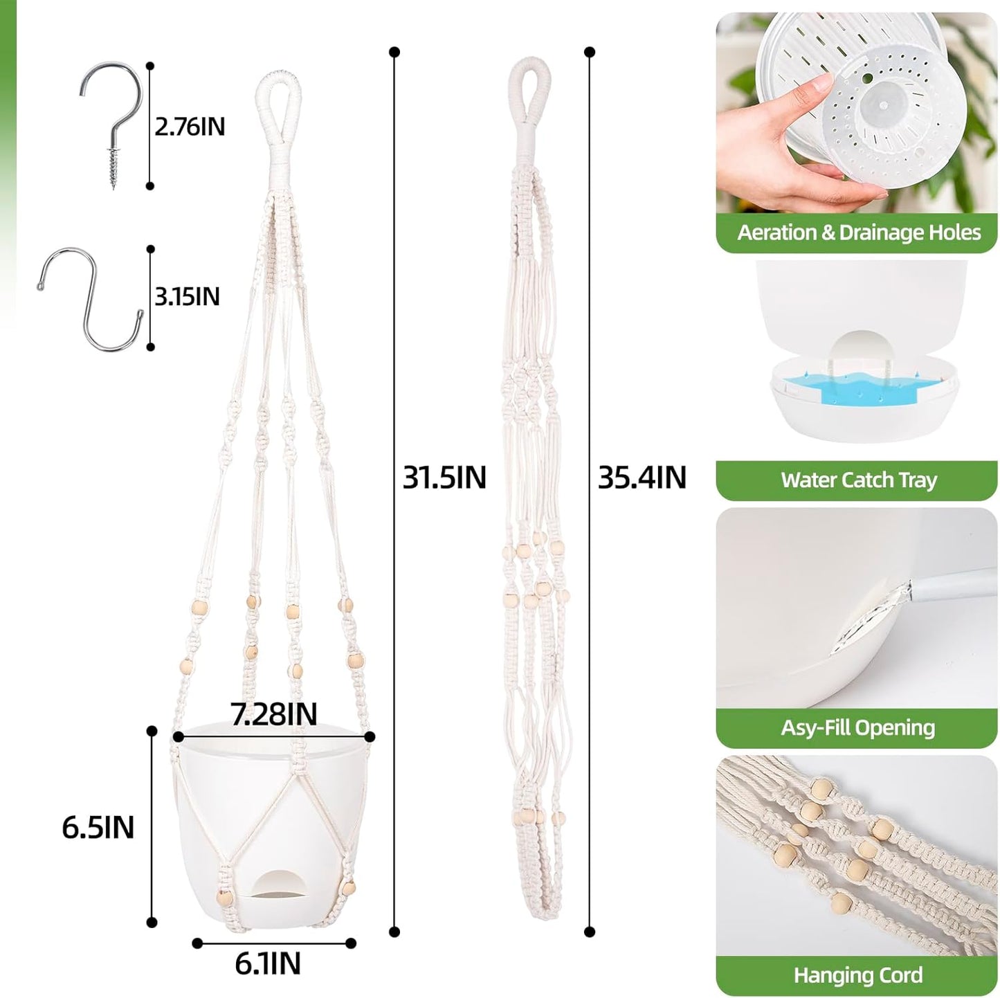 2-Pack 7.1-Inch Self-Watering Hanging Planters for Indoor & Outdoor Plants,34Inch Macrame Hanger Plant Pots Indoor with Drainage,Small Hanging Planters & Baskets,With Two Sets of Hooks（Pure white）