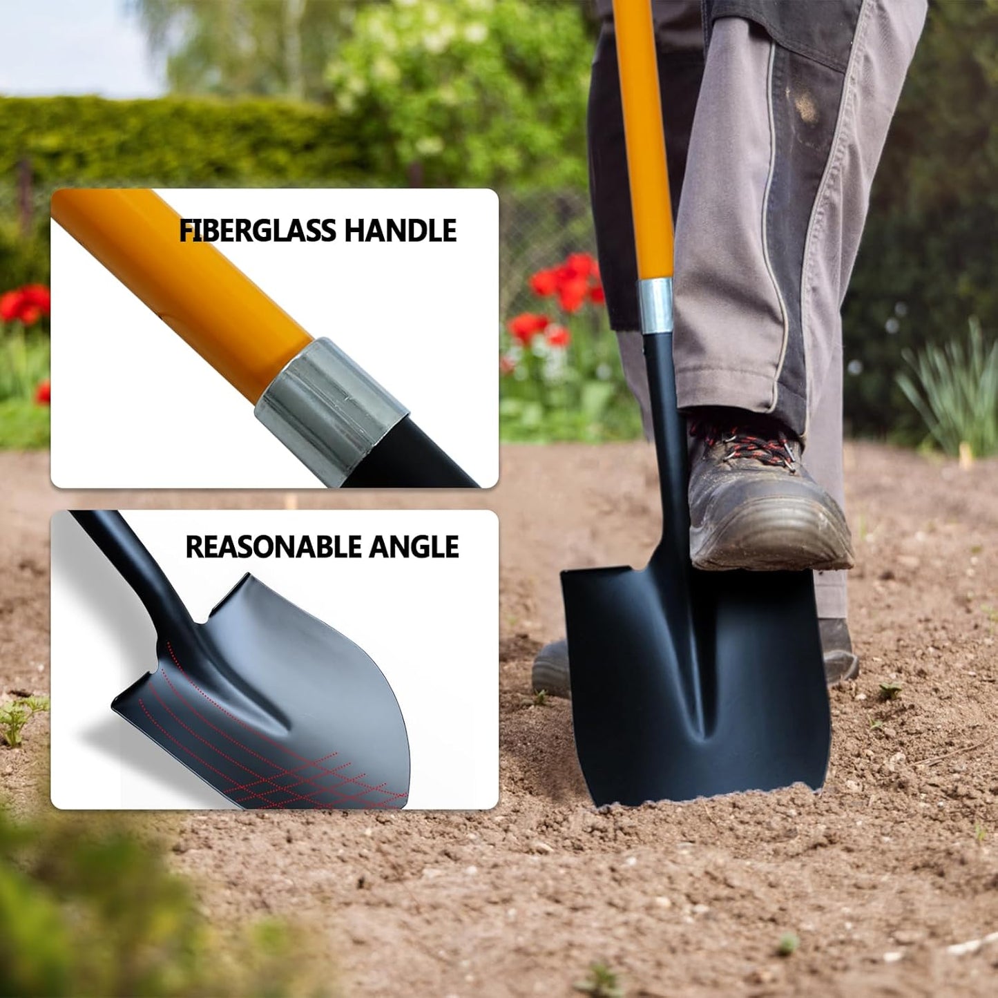 Shovel for Digging, Heavy Duty 57 inch Straight Handled Round Shovel with Non-Slip Tail Cover, Lawn and Yard Tools, Fiberglass Handle(Orange)