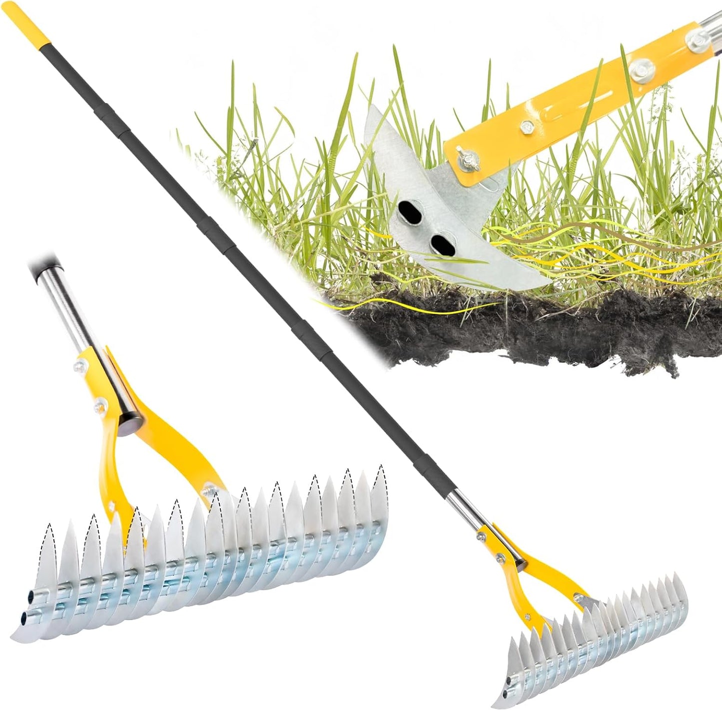 Thatch Rake for Lawn with 74inch Handle, 15 inch Dethatcher Rake for Grass to Cleaning Dead Grass, Efficient Steel Metal Rake for Dethatching, Heavy Duty Thatching Rakes for Garden, Yard