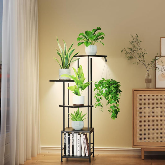 Plant Stand Indoor with Grow Light, 5-Tiered Tall Plant Stand Indoor, Metal Plant Shelf with Hanging Basket Hook and Adjustable Light, Ideal for Living Room, Garden, Patio (Black )
