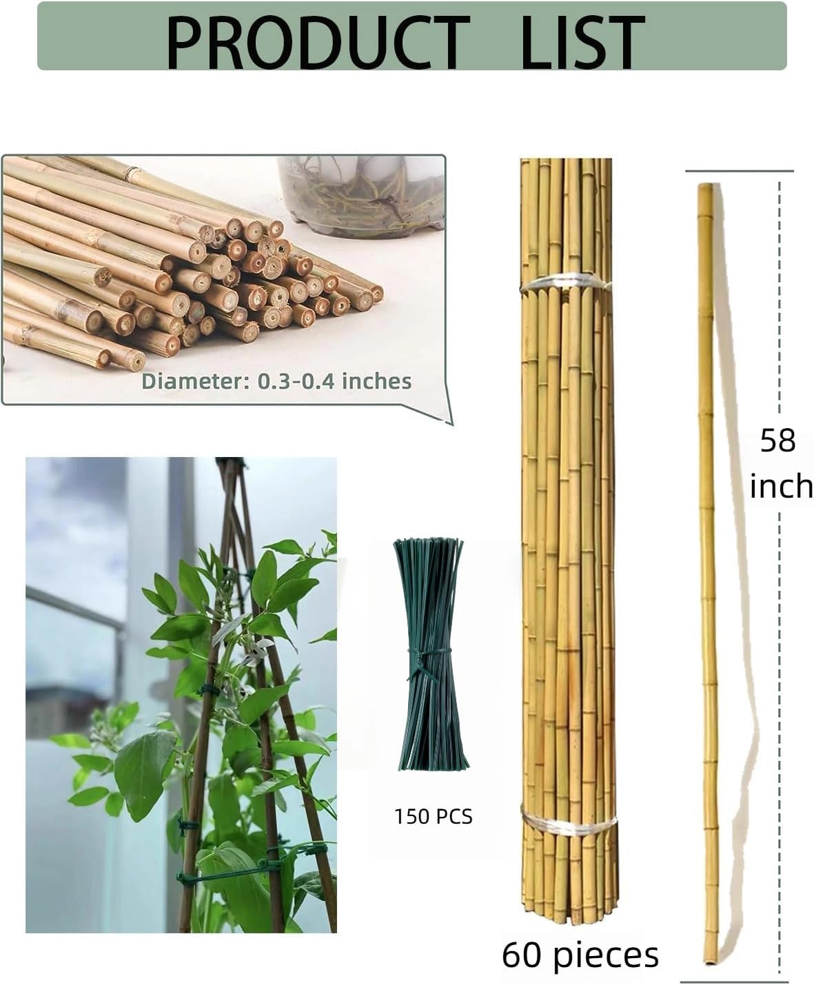 60 Pack 58 inch Bamboo Stakes for Plant with 200 Twist Ties Bamboo Sticks Plant Support Garden Stakes Poles for Tomatoes Cucumber Grapes Pole Beans Trees Potted Dahlia Flowers