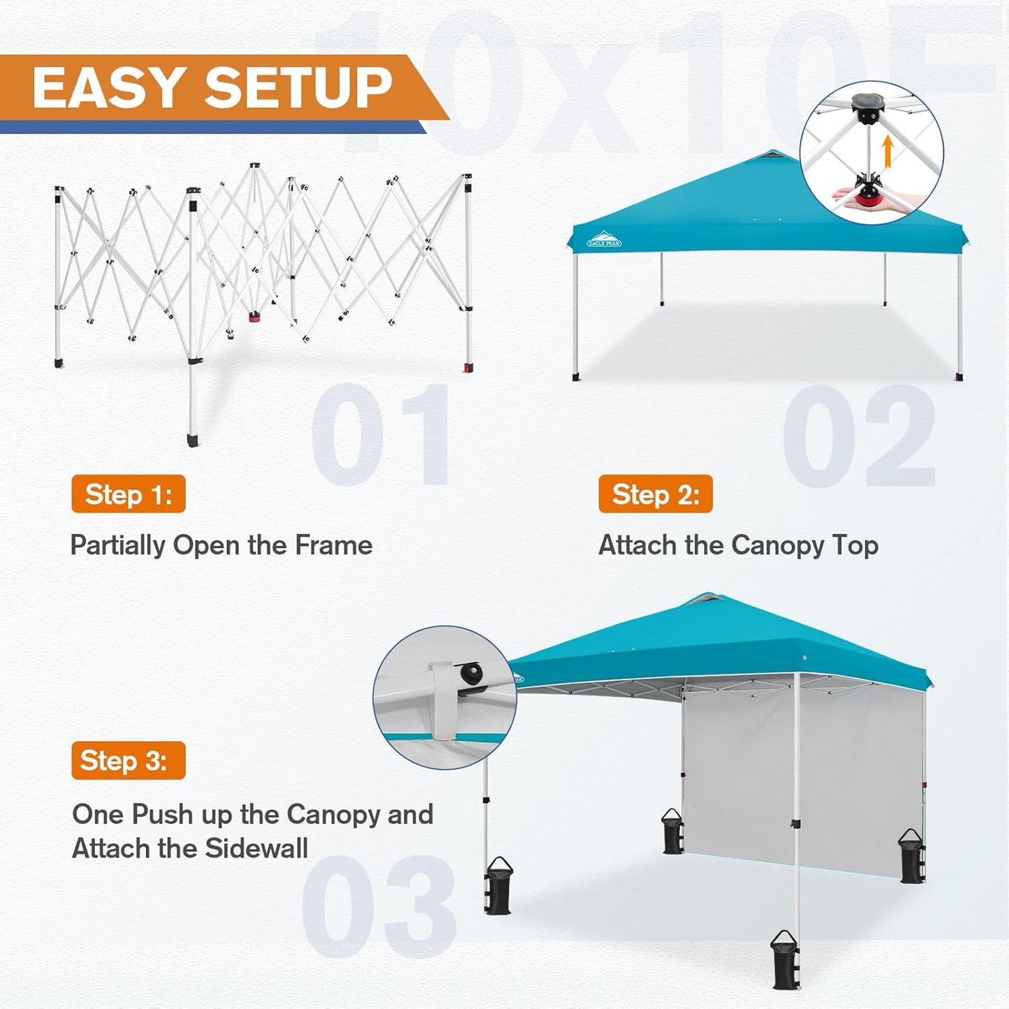 EAGLE PEAK Pop Up Canopy Tent with 1 Sidewall, Easy Setup Event Tent, Outdoor Sun Shade, Wheeled Carry Bag, Stakes and Guy Ropes, Instant Canopy 10x10, Turquoise