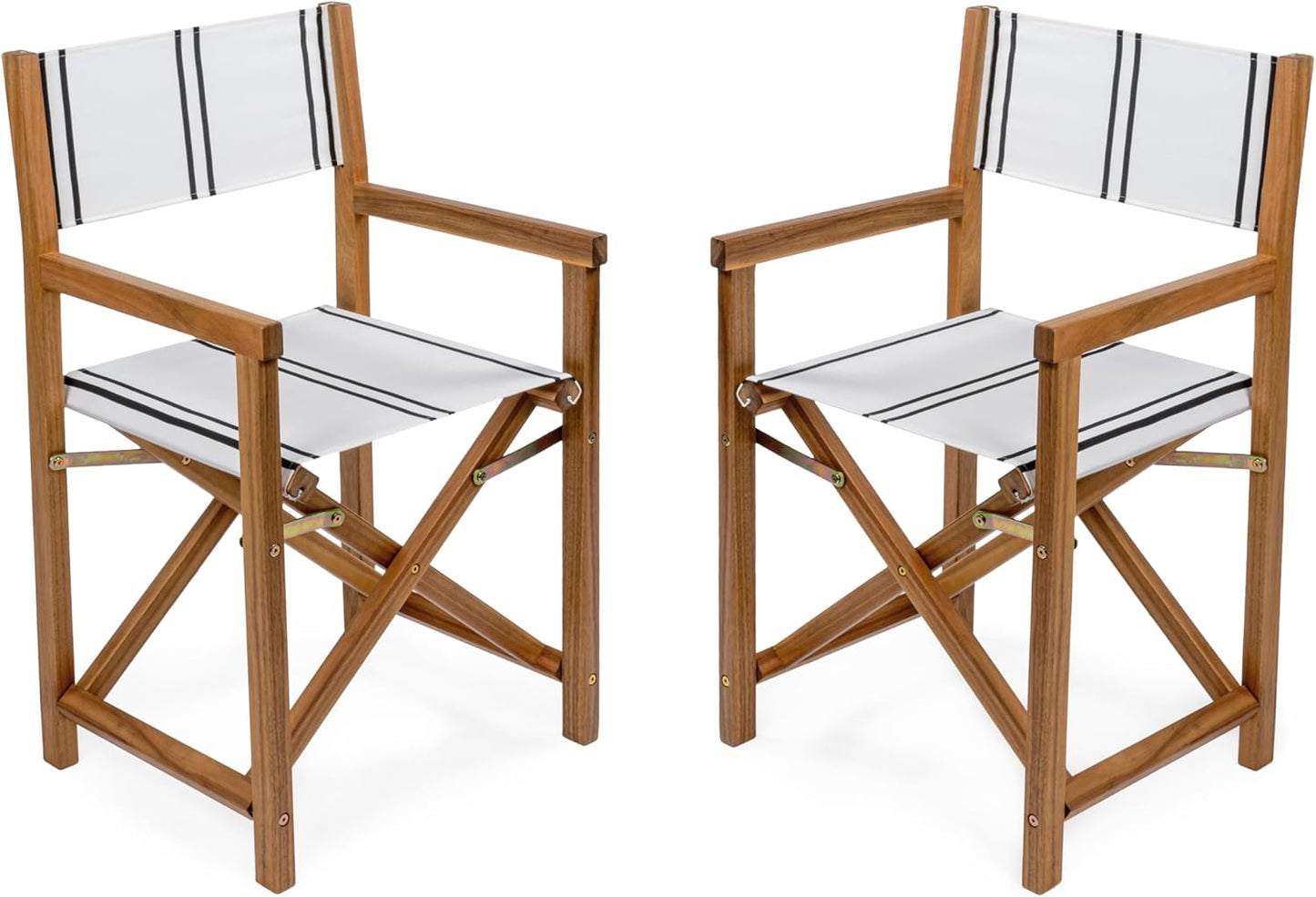 JONATHAN Y DRC1001B-SET2 Cukor Classic Vintage Outdoor Acacia Wood Folding Director Chair with Canvas Seat Mid-Century, Modern, Traditional, Classic, Coastal, White/Black Stripe/Teak Brown (Set of 2)
