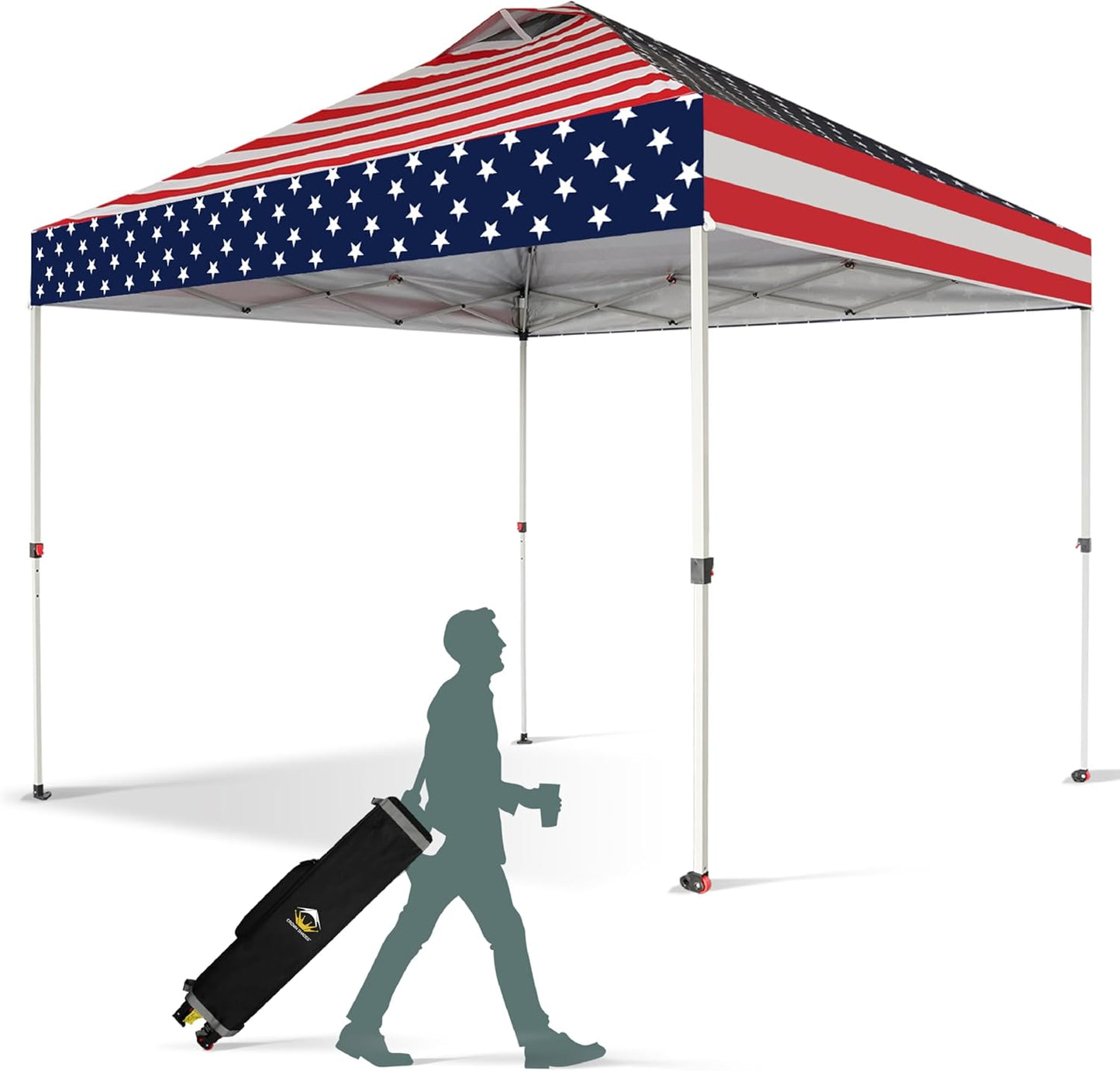 CROWN SHADES 10x10 Pop Up Canopy - Beach Tent with One Push Setup - Easy Outdoor Sun Shade for Events, Parties, Camping - Gazebo with STO-N-Go Cover Bag, Silver Coated Top, American Flag
