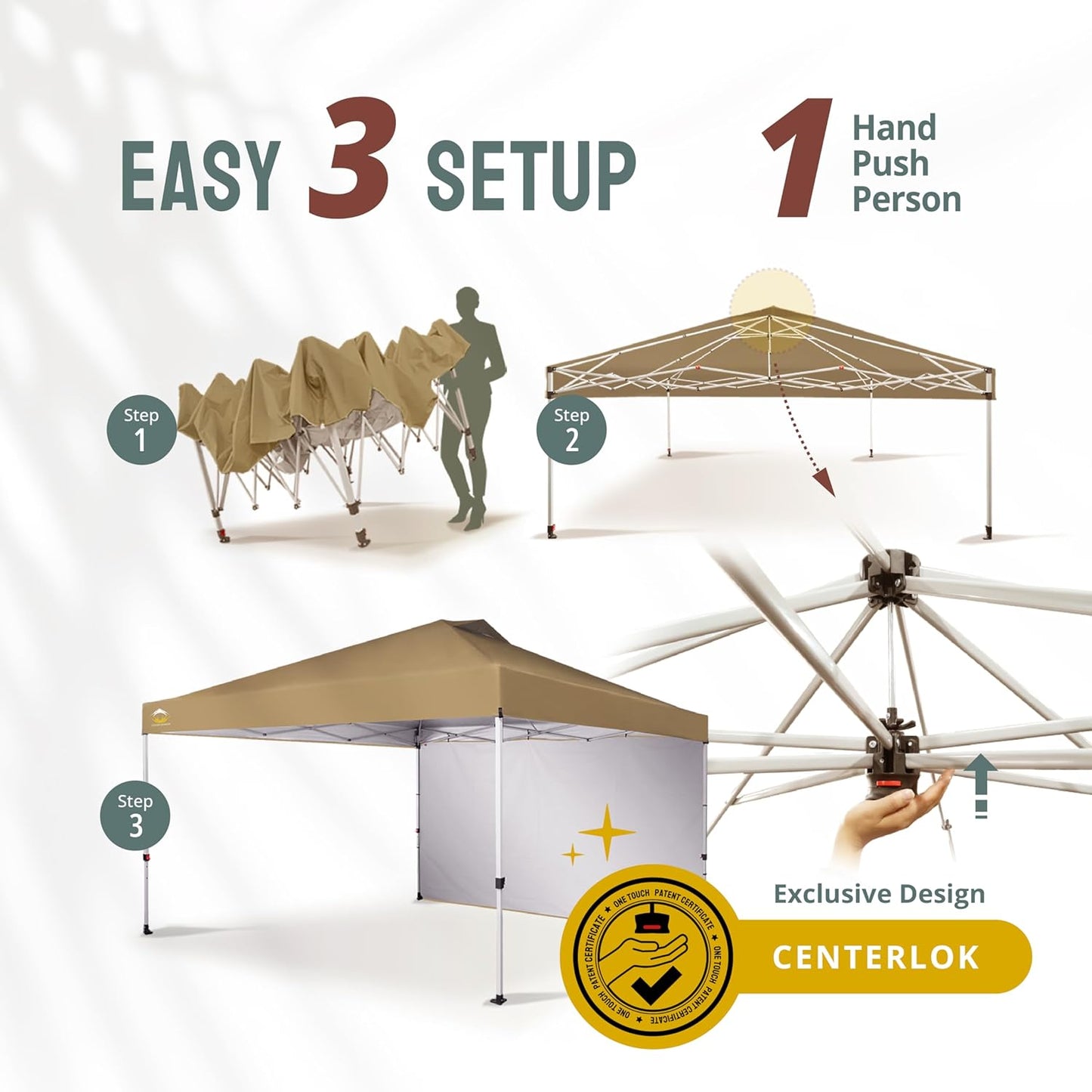 CROWN SHADES 12x12 Pop Up Canopy Tent Instant Commercial with 150D Silver Coated Fabric Including 1 Removable Sidewall, 4 Ropes, 8 Stakes, Weight Bags, STO 'N Go Bag, Beige