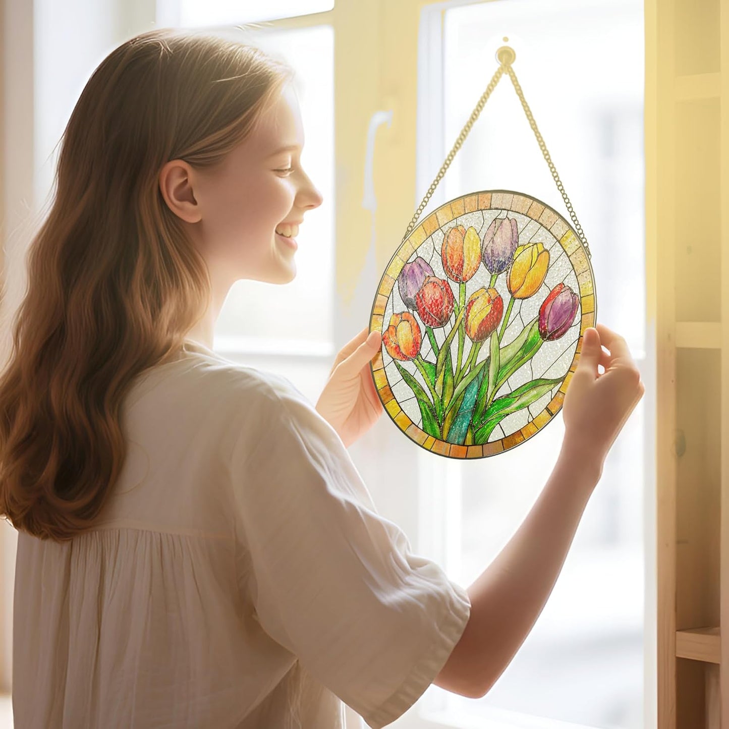 Stained Glass Window Hanging, 8 Inch Tulips Stained Glass Suncatcher, Botanical Lover Gift, Flowers Sun Catcher, Colorful Window Decor, Tulips Housewarming Gifts, Gifts for Mom Her