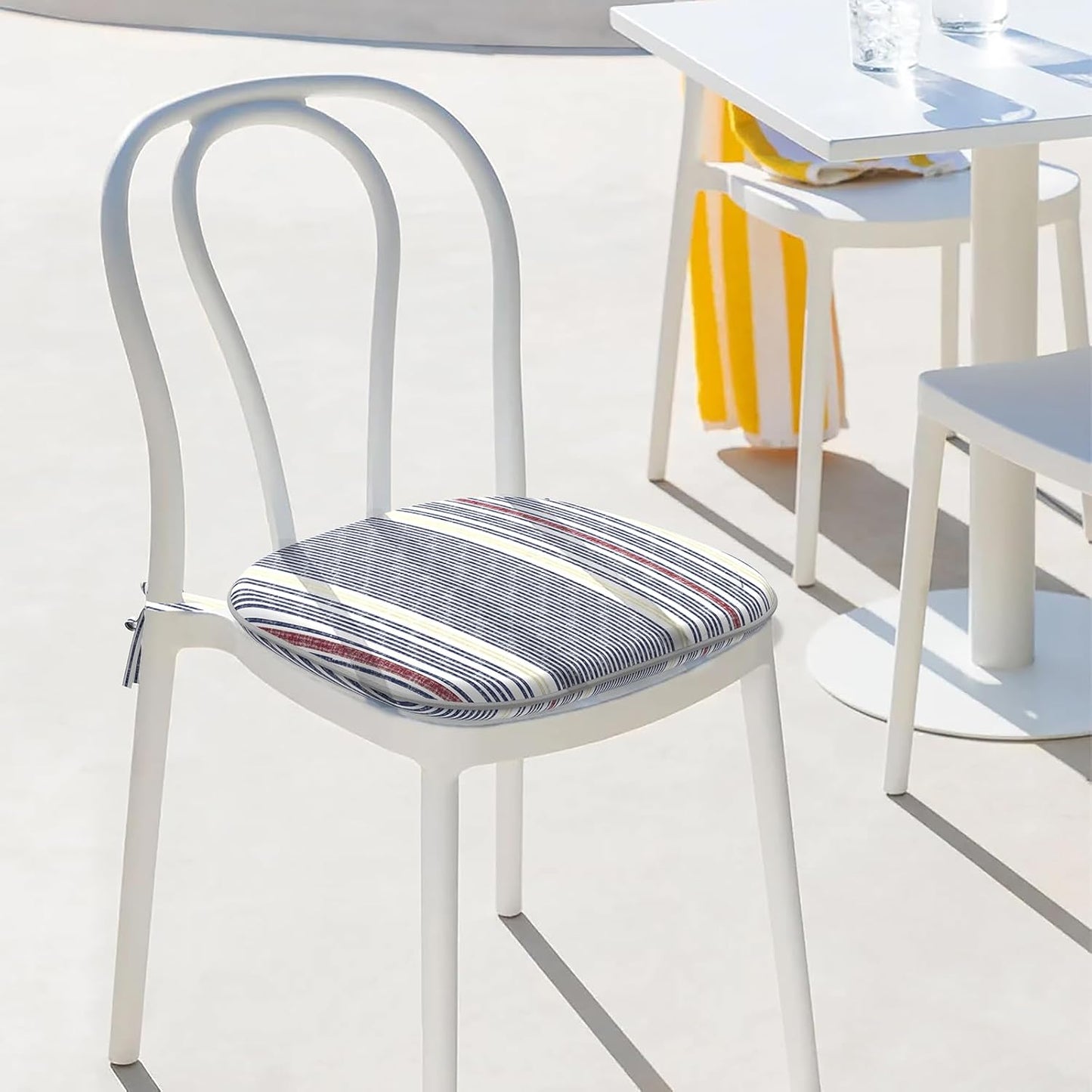 Indoor/Outdoor Chair Cushions 16x17 Inch, Patio Chair Cushions with Ties, All Weather Seat Cushions for Patio Furniture Home Garden Chair Use, Set of 4, Stripe Denim Blue