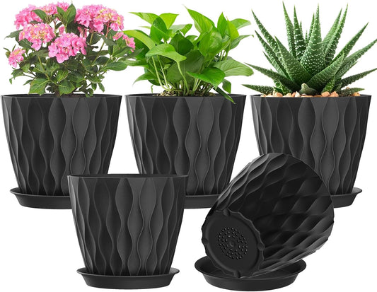 7 Inch Plant Pots Set of 5, Plastic Flower Pots with Drainage Holes and Trays, Planter Pot for Indoor Plants, Decorative Pots for Plants Indoor/Outdoor （Multicolor）