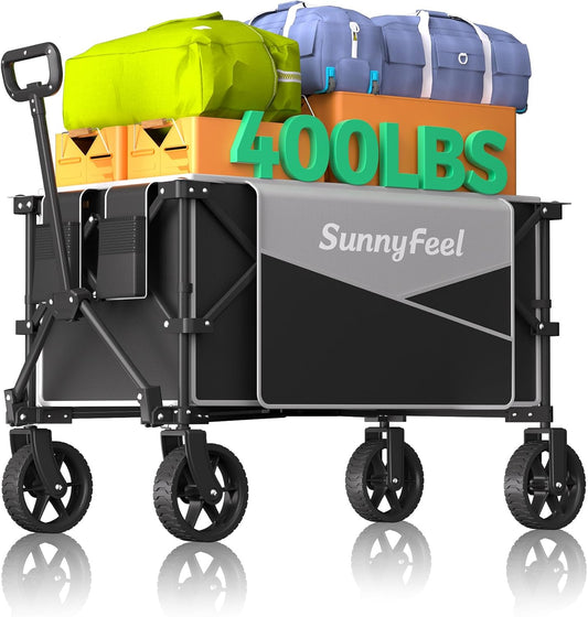 SunnyFeel Heavy Duty Collapsible Outdoor Utility Wagon Cart 400LB Capacity Adjustable Handlebar,Foldable Beach Wheels Stable Durable Oxford Fabric for Shopping Garden Camping (Black & Grey)