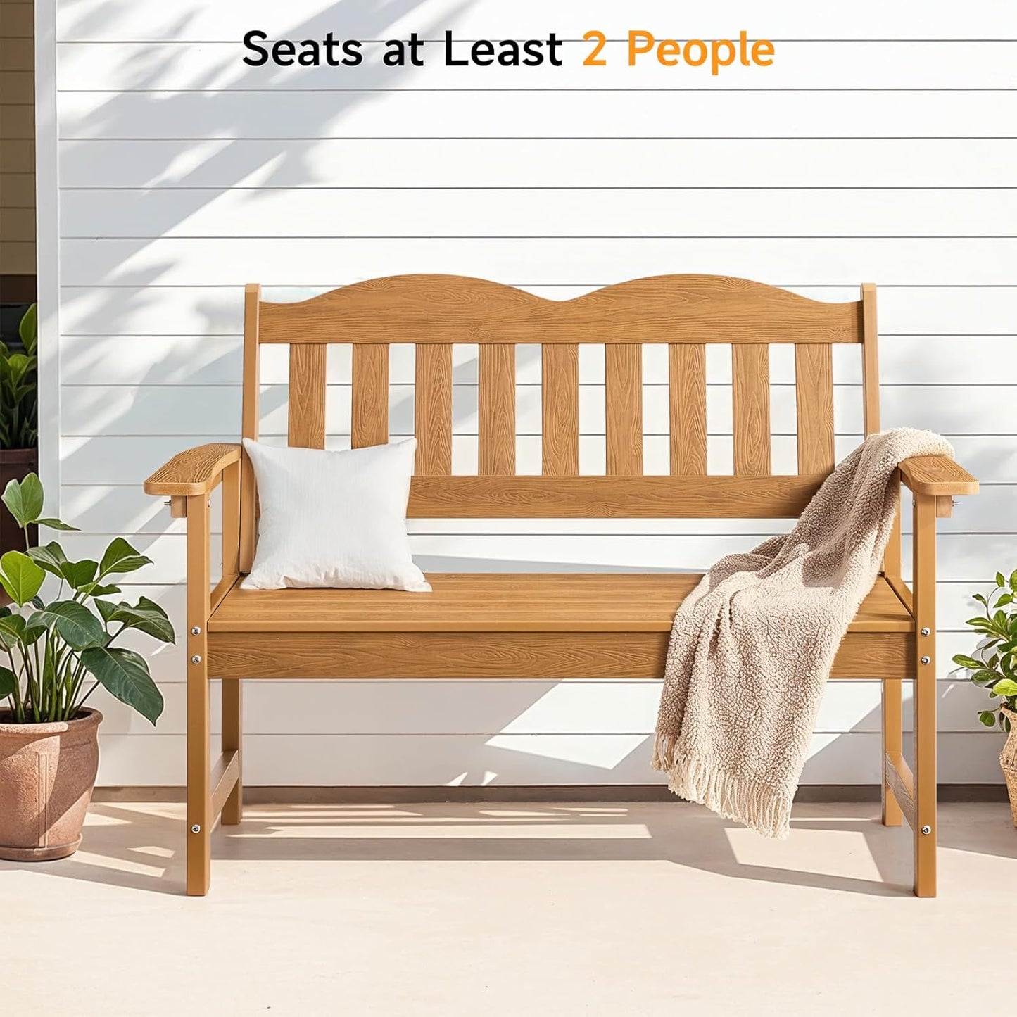 Outdoor Bench, 2-Person Poly Lumber Garden Bench with 800 lbs Weight Capacity, All-Weather Patio Bench with Armrests and Backrest for Garden, Porch, Backyard and Park, Teak
