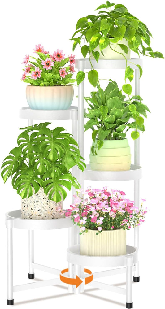 LASZOLA 5 Tiered Folding Plant Stand Indoor for Multiple Large Planter, Tall Heavy Duty Adjustable Rack with Rust Proof Plastic Shelving, Sturdy Vertical Tree Organizer for Narrow Inside Floor, White