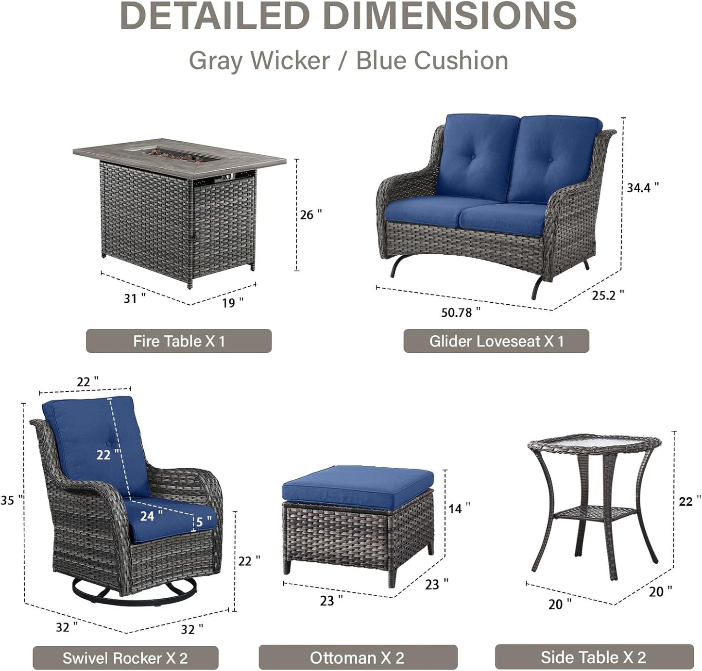 8 Piece Outdoor Patio Furniture Set - 41" CSA Propane Fire Pit Table Patio Conversation Set with Swivel Rocker Outdoor Chairs, Wicker loveseat and Ottoman for Outside Casual Gathering