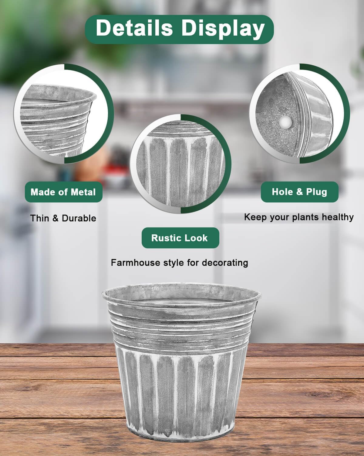 vensovo 4 Inch Silver Metal Rustic Flower Pots - 6Pcs Small Galvanized Planters with Drainage Hole and Rubber Plug, Rustproof Metal Bucket Plant Pots Farmhouse Vintage Style for Decor