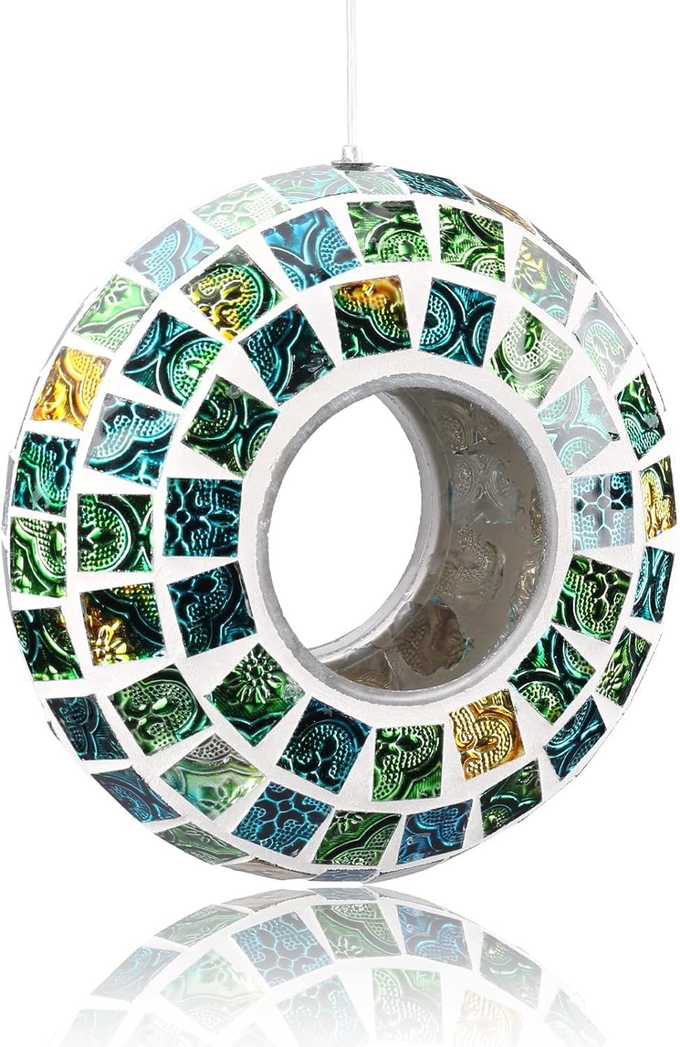 Yinns Bird Feeder - Fly Through Birds Feeder for Outside, Hanging Mosaic Glass Birdfeeder for Outdoors Circle Wild Bird Seed Container, 7-inch Green