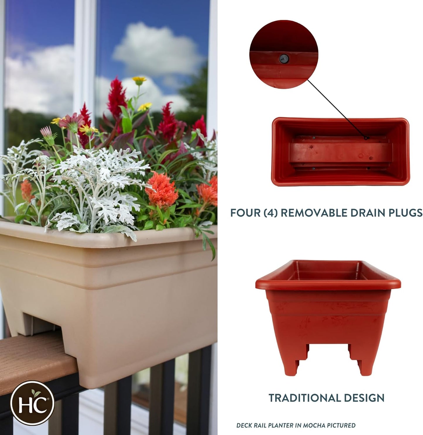 The HC Companies Deck Railing Planter Box w/Removable Drain Plugs - Lightweight & Weatherproof Plastic Flower Box - Balcony Planters for Railing and Fence (24”, Clay)