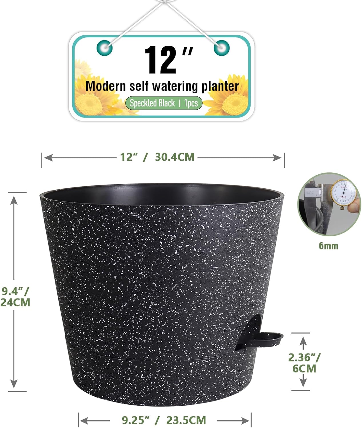 12 inch Large Self Watering Pots, Plant Pots with Mesh Drainage Holes for Indoor Outdoor Plants, Plastic Planters with Deep Reservoir for Garden House Flower Plants, Speckled Black