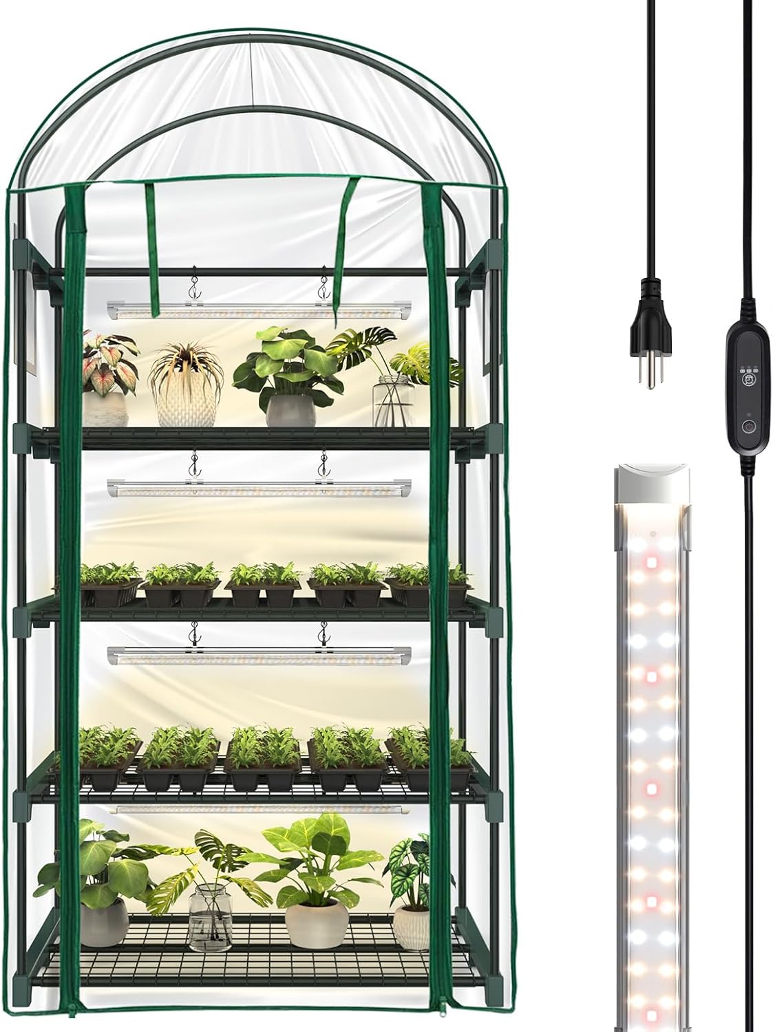 Indoor Greenhouse with Grow Light, 4-Tier Mini Green House, 4Pcs Grow Lights for Indoor Plants with Timer, Zippered PVC Grow Tent with Airflow Windows, Indoor Greenhouse Cabinet 35x19.3x63in